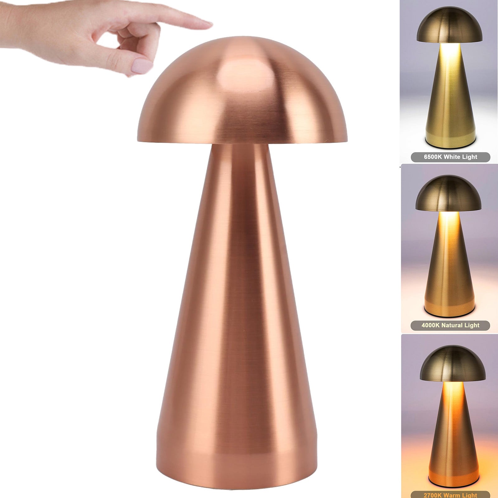 Dotykowa lampa stołowa w kształcie grzyba, metalowa lampka nocna, regulacja natężenia w 3 kolorach, regulowana jasność (miedziana)