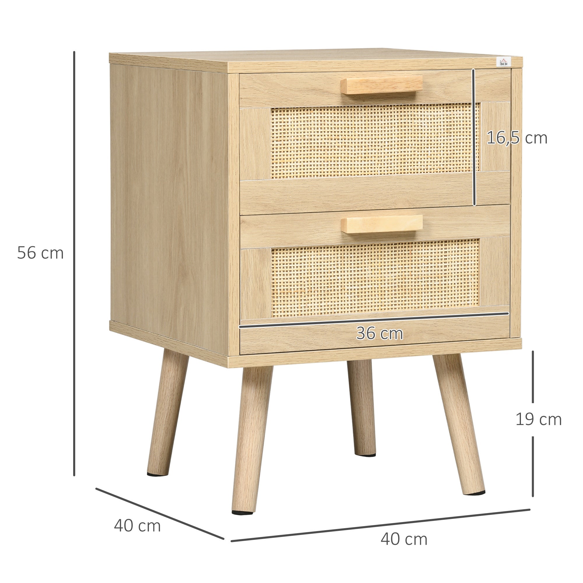 Mesita de noche de boho con 2 cajones HOMCOM 40x40x56 cm natural - 3
