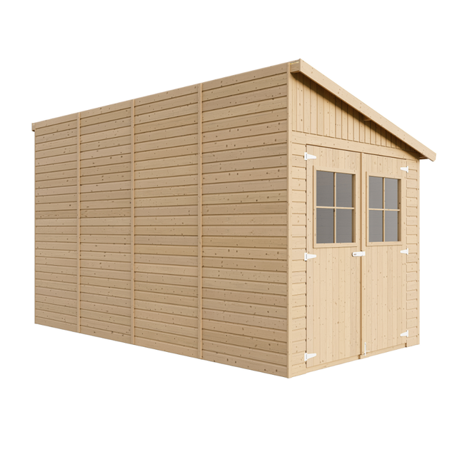 Casa da giardino in legno naturale (con parete laterale) 416x216 cm/8,2 m²- Magazzino esterno con finestre - Capanno da giardino - TIMBELA M340A