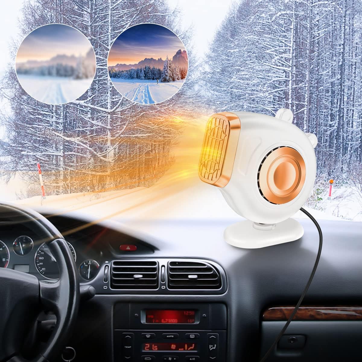 Ogrzewacz samochodowy 2 w 1 z szybkim nagrzewaniem, 12 V 120 W, z funkcjami grzania i chłodzenia, wbudowanym odmrażaczem, gniazdem zapalniczki i pods