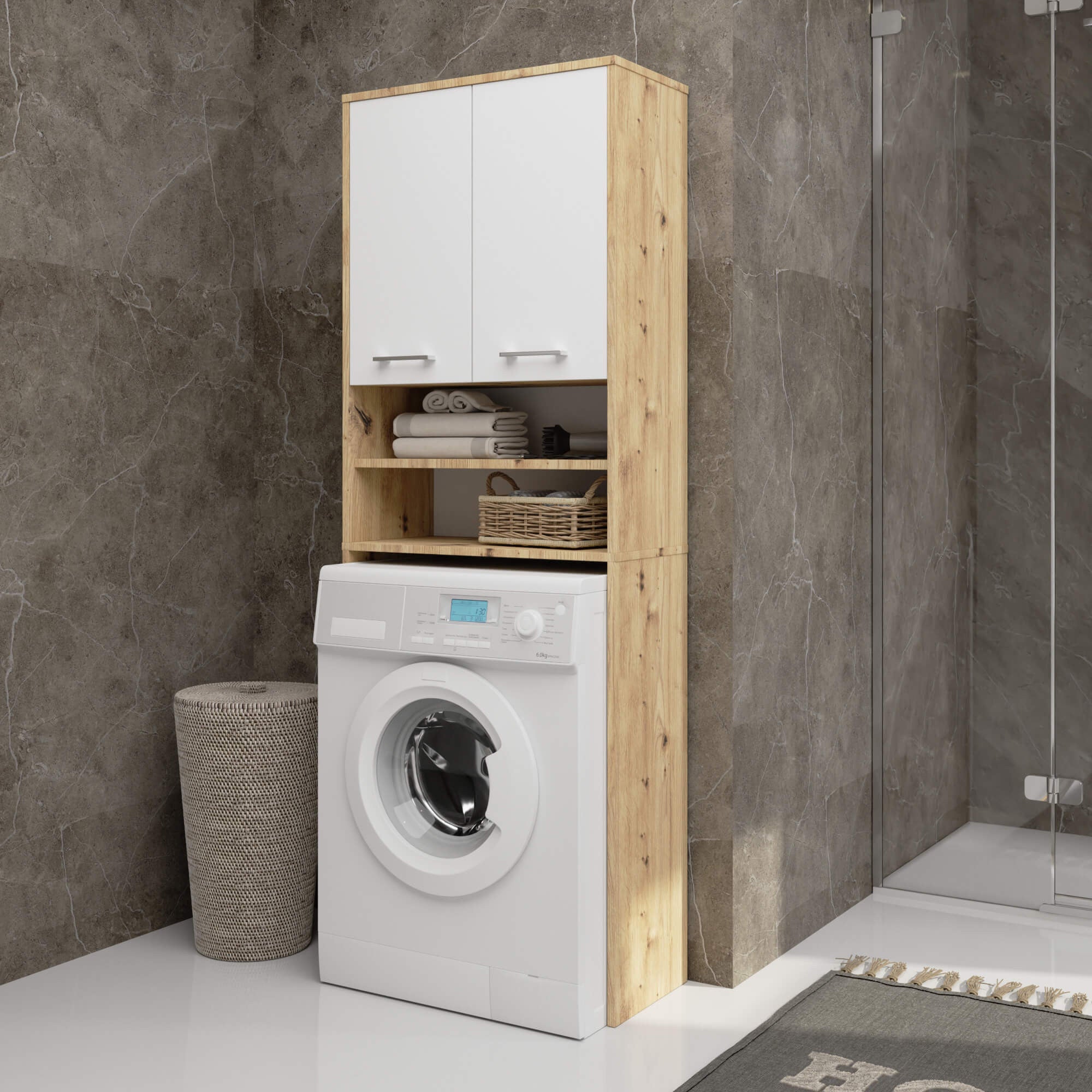 Columna de baño AKORD FIN para integrar lavadora Roble Artisan 64 cm, 2 puertas, inserto frontal Blanco, 64 × 30 × 180 cm - 4