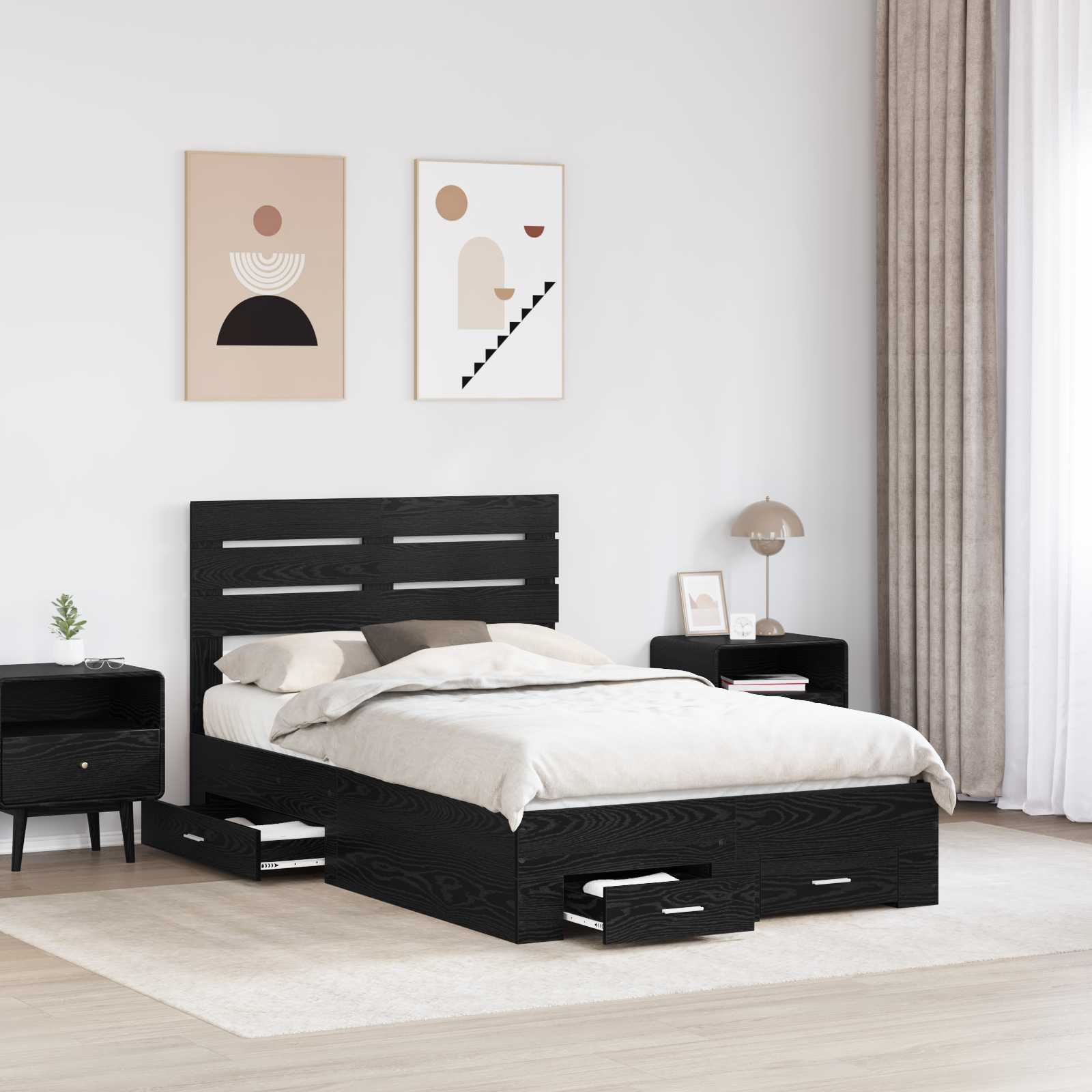 Cadre de lit en panneau de bois, chêne noir, pour la chambre, 135 × 190 cm - 3