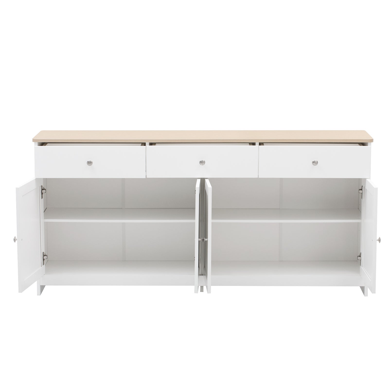 Buffet à 4 portes et 2 tiroirs - comptoir à finition blanche et grain de bois - poignées métal portes à charnières - L160 x P37 x H75 cm - Scandinave - 9