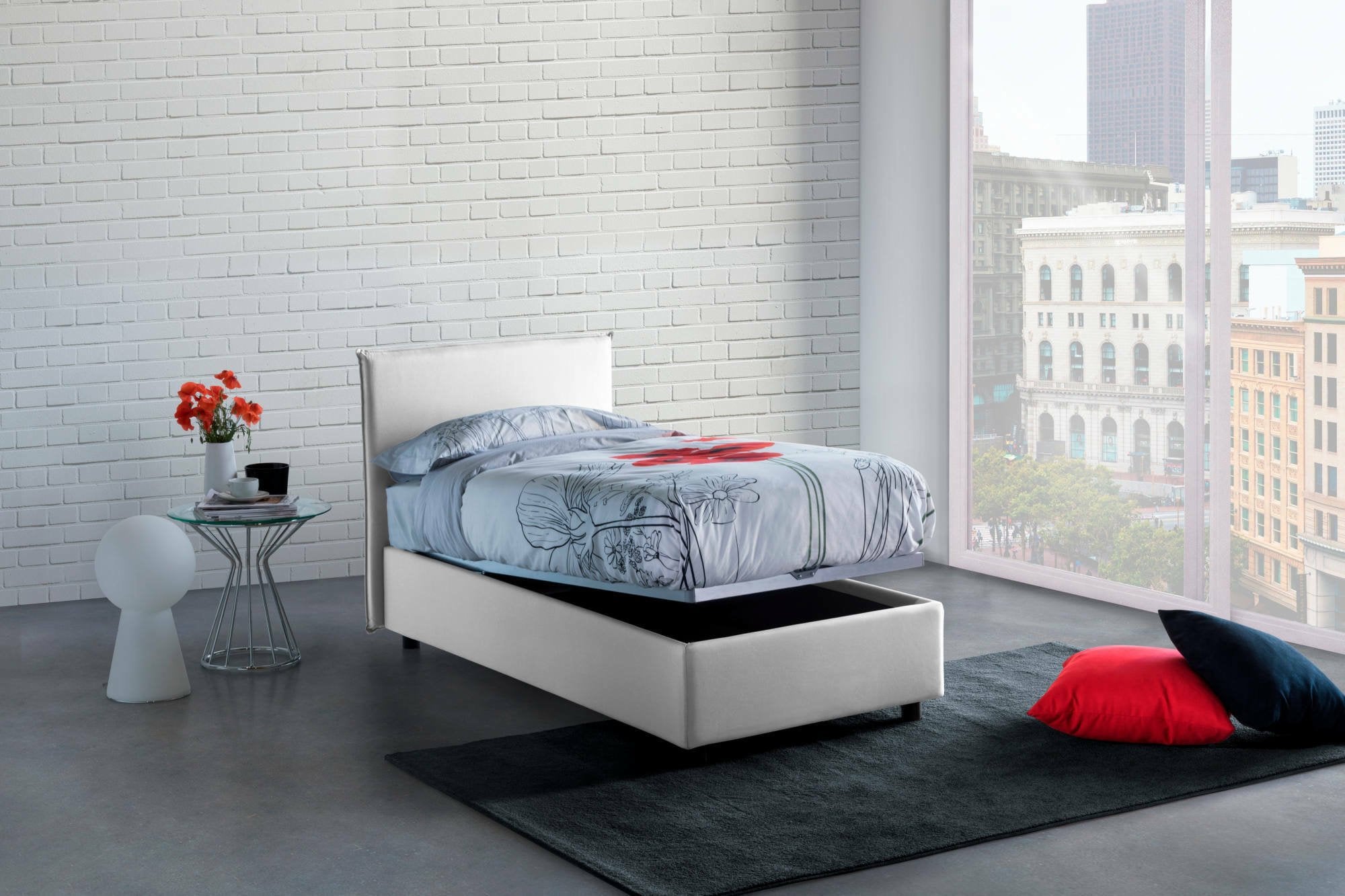 Lit simple Catia, Lit coffre avec revêtement en tissu, 100% Made in Italy, Ouverture frontale, avec matelas 80x200 cm inclus, Blanc - 5