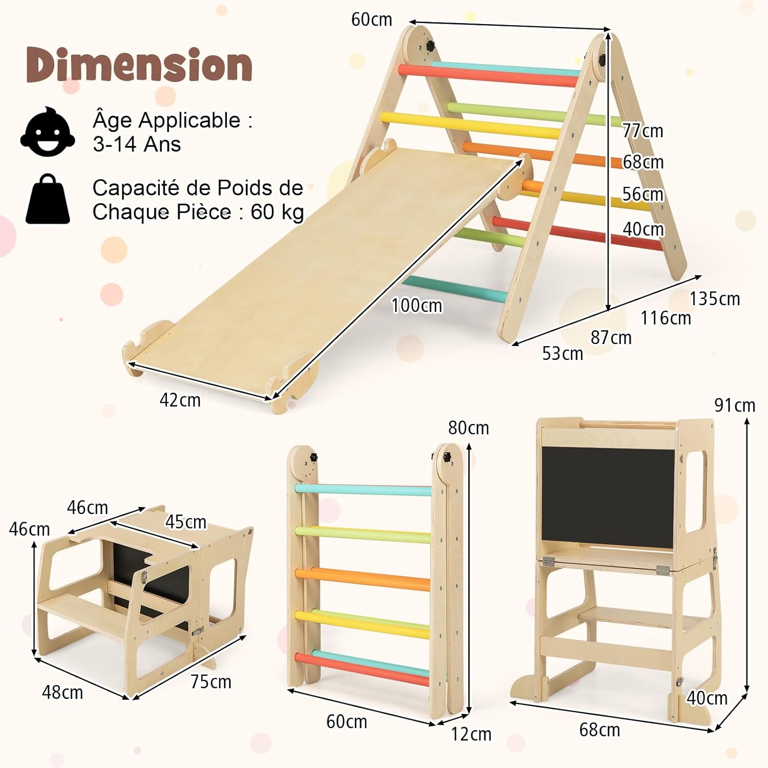 7 en 1 Triangle d'escalade Montessori avec Rampe Réversible, en Bois avec Tableau Noir, Table et Chaise, Charge 60kg (Multicolore) - 5