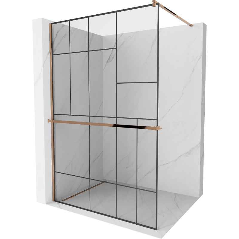Mexen Kioto+ ścianka prysznicowa z półką Walk-in 100 x 200 cm, czarny wzór, różowe złoto - 800-100-121-60-78