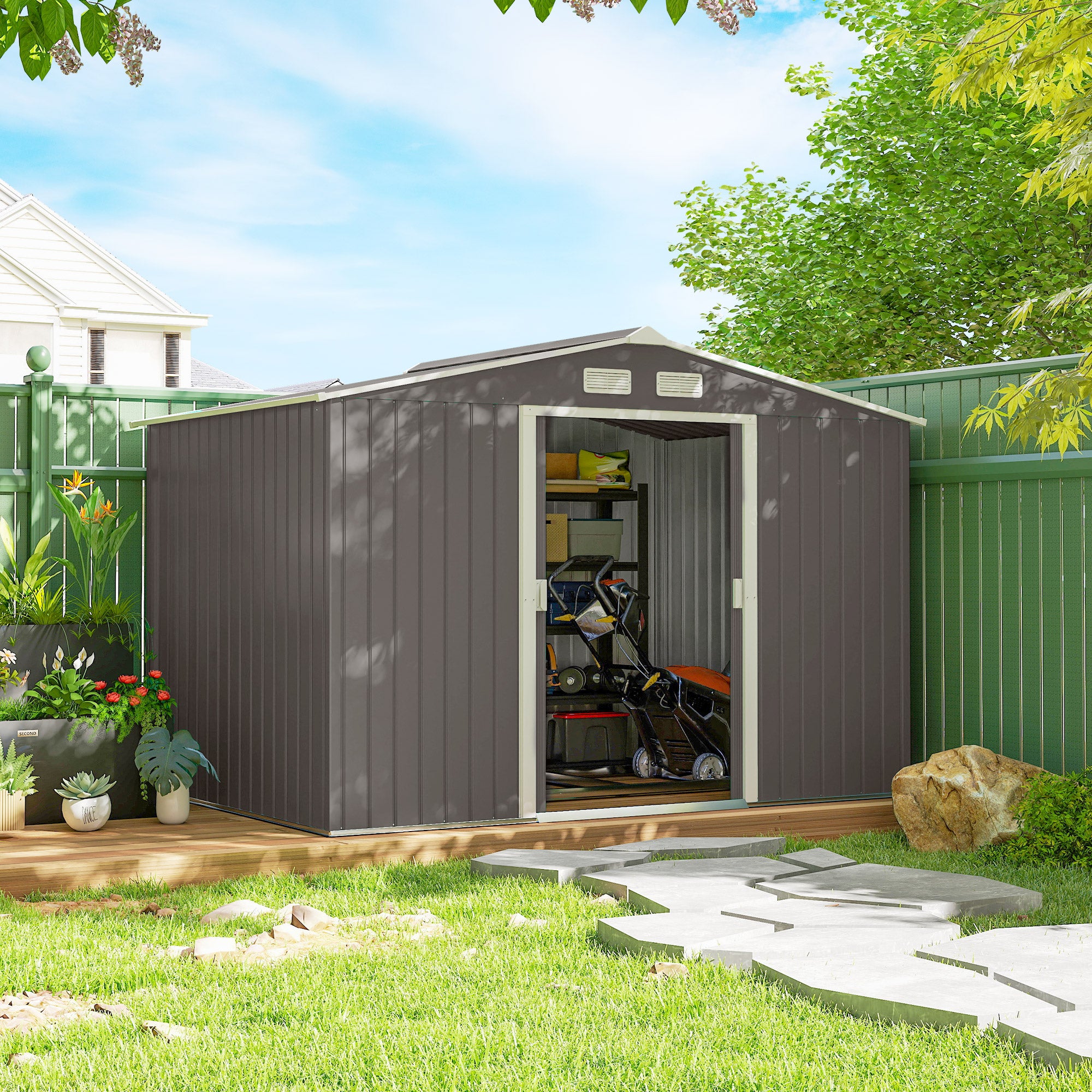 Abri jardin 4,9 m² 277x195x192 cm gris, 2 portes coulissantes, base renforcée, sol non inclus, cabanon - 4