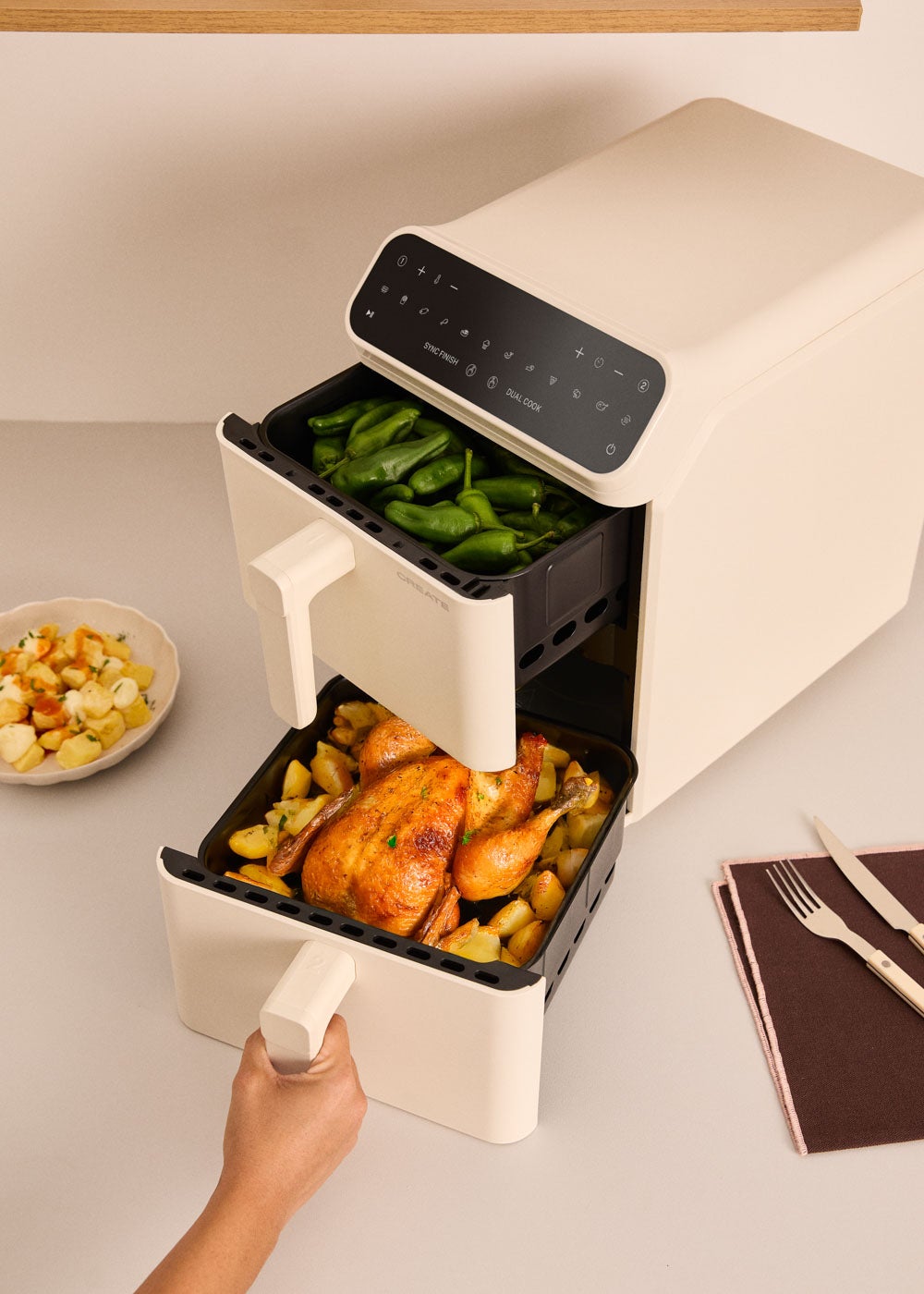 CREATE - AIR FRYER DUAL STACK - Frytkownica beztłuszczowa 11,2 L z podwójną warstwą i niezależną kontrolą - Blanc cassé - 2