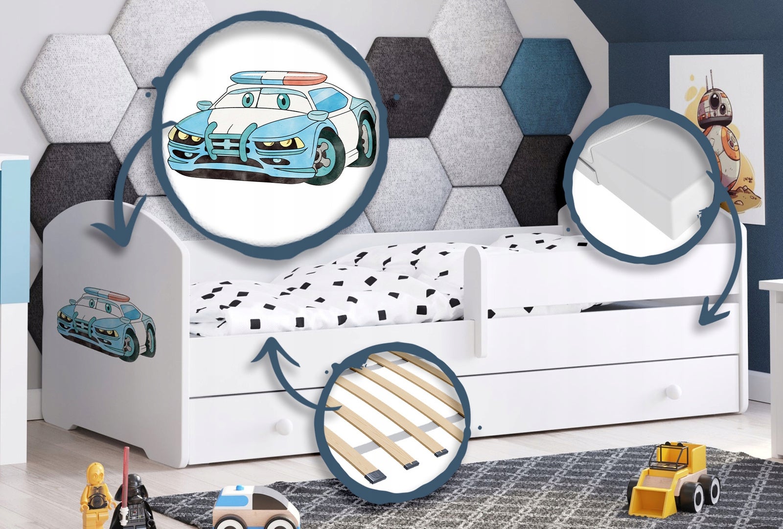 Białe Łóżko Dziecięce w Stylu Skandynawskim z Motywem Policji 140x70 cm z Szufladą – Zawiera Materac Piankowy, Stelaż i Pełną Konstrukcję