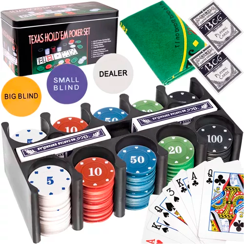 Powerking Set De Poker 200 Jetons – Texas Hold’em, Blackjack – Tapis De Jeu, 2 Jeux De Cartes, Boîte Métal – Cadeau Famille