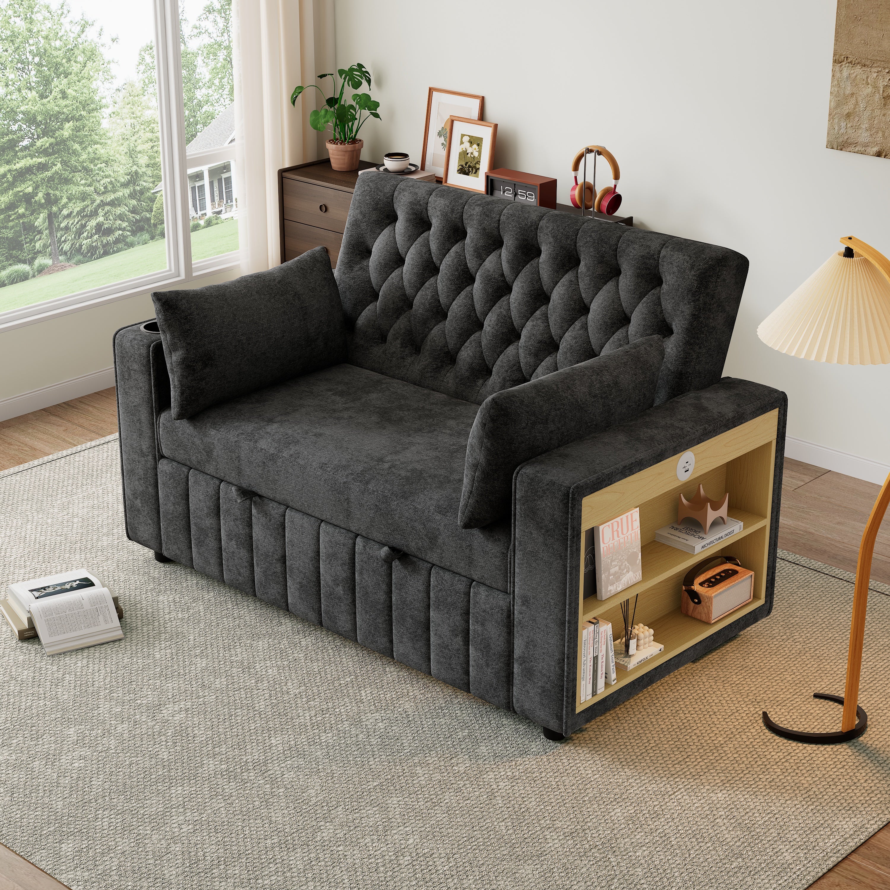 Canapé pliant moderne pour 2 personnes - avec porte-gobelets - avec ports de charge USB - avec coussins - tissu chenille - Gris - 3