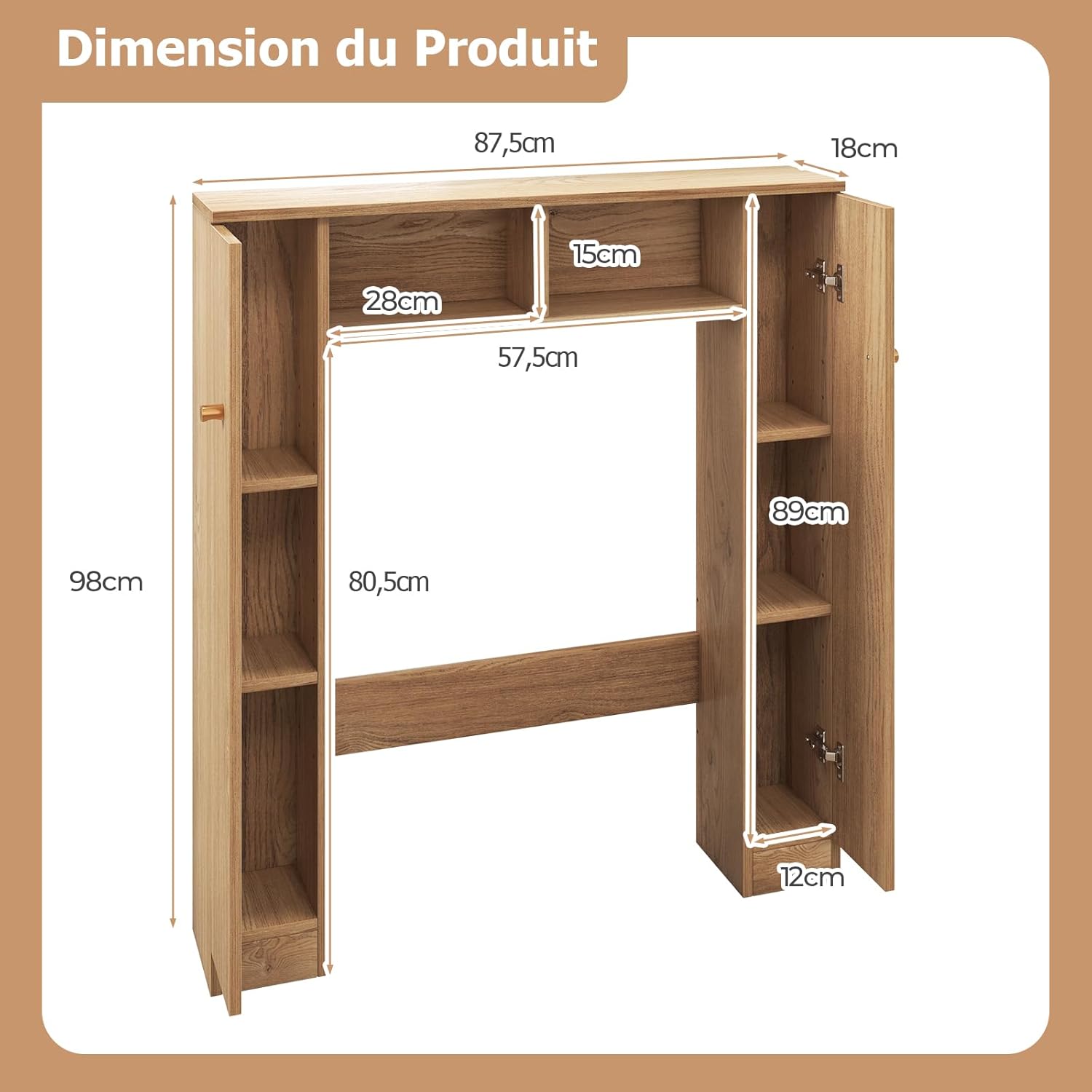 Meuble WC Étagère 87,5 x 18 x 98 cm au-Dessus des Toilettes, Meuble Salle de Bain avec Doubles Portes & 4 Étagères Réglables, Naturel - 2