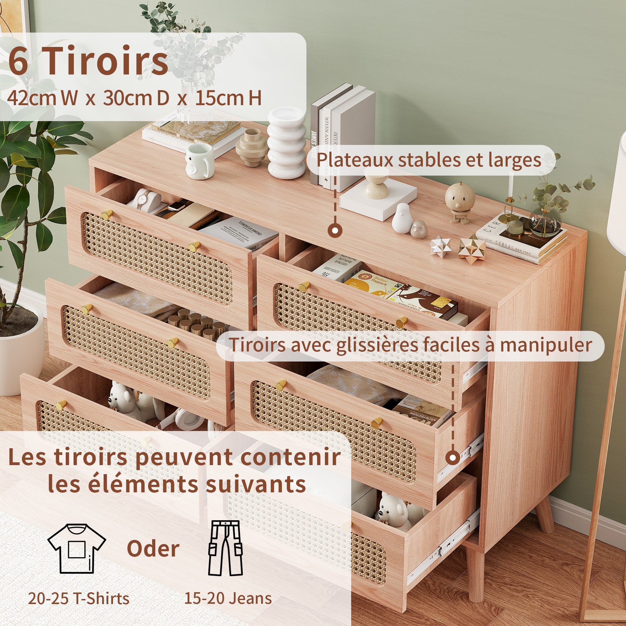 Commode 6 tiroirs, Commode Chambre pour Enfant et Adulte, Meuble de Rangement, Meuble Rangement pour Salon, Chambre, Entrée, 100x34x73cm, Naturel - 4