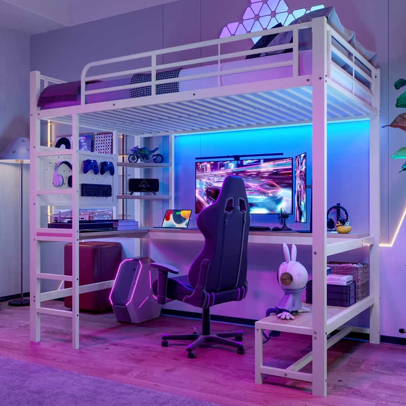 Łóżko piętrowe 90 x 200 cm z biurkiem i półkami do przechowywania - Metal i MDF - Diody LED, gniazda USB i typu C - Białe (Bez materaca)