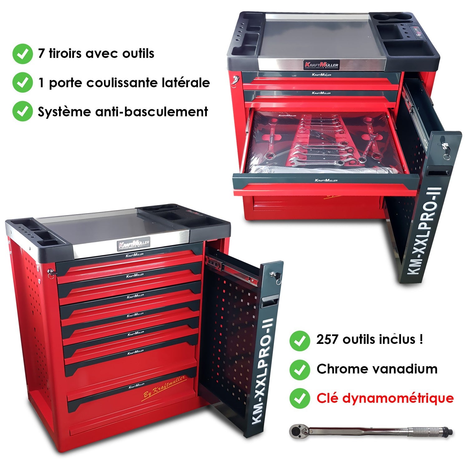 Servante d'atelier Kraft Muller KM-XXL PRO II TOOLS - 257 outils - Clé dynamo - 7 tiroirs, 1 coulissant, Roulettes, Black Red - 3