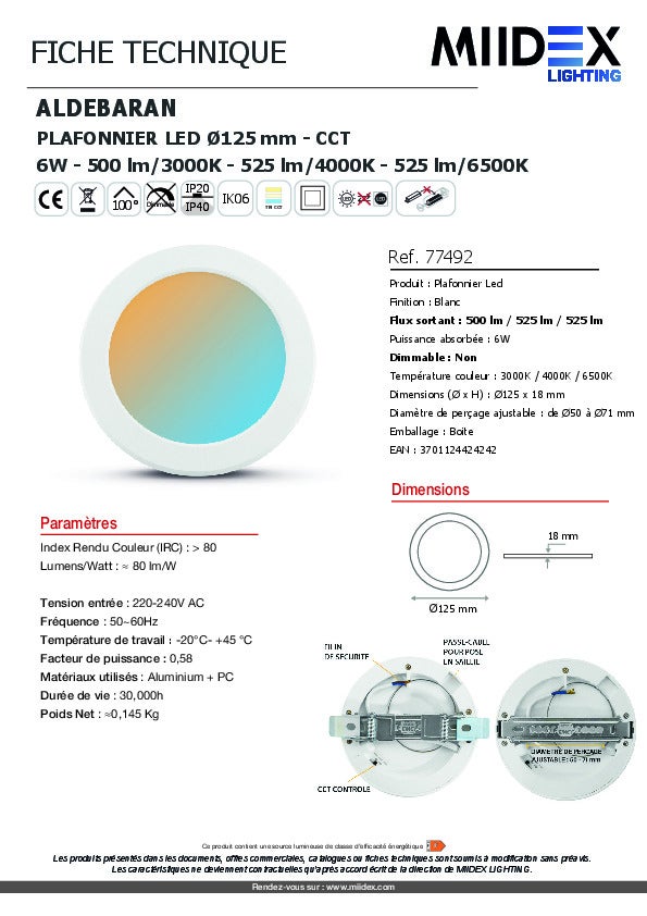 Plafonnier LED Encastrable AC220/240V 6W 525lm 100° IP40/20 IK06 Ø125mm - CCT 3000K / 4000K / 6000K perçage Ø50mm - 8