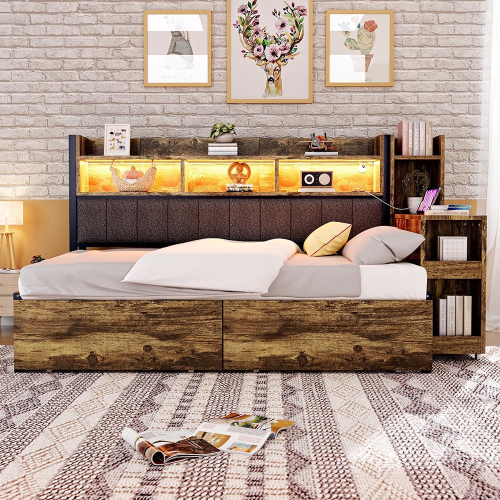 Rozkładana sofa 90 x 200 cm, z szafką i schowkiem, wielofunkcyjnym gniazdem i oświetleniem LED, wysuwanym biurkiem, kolor naturalny