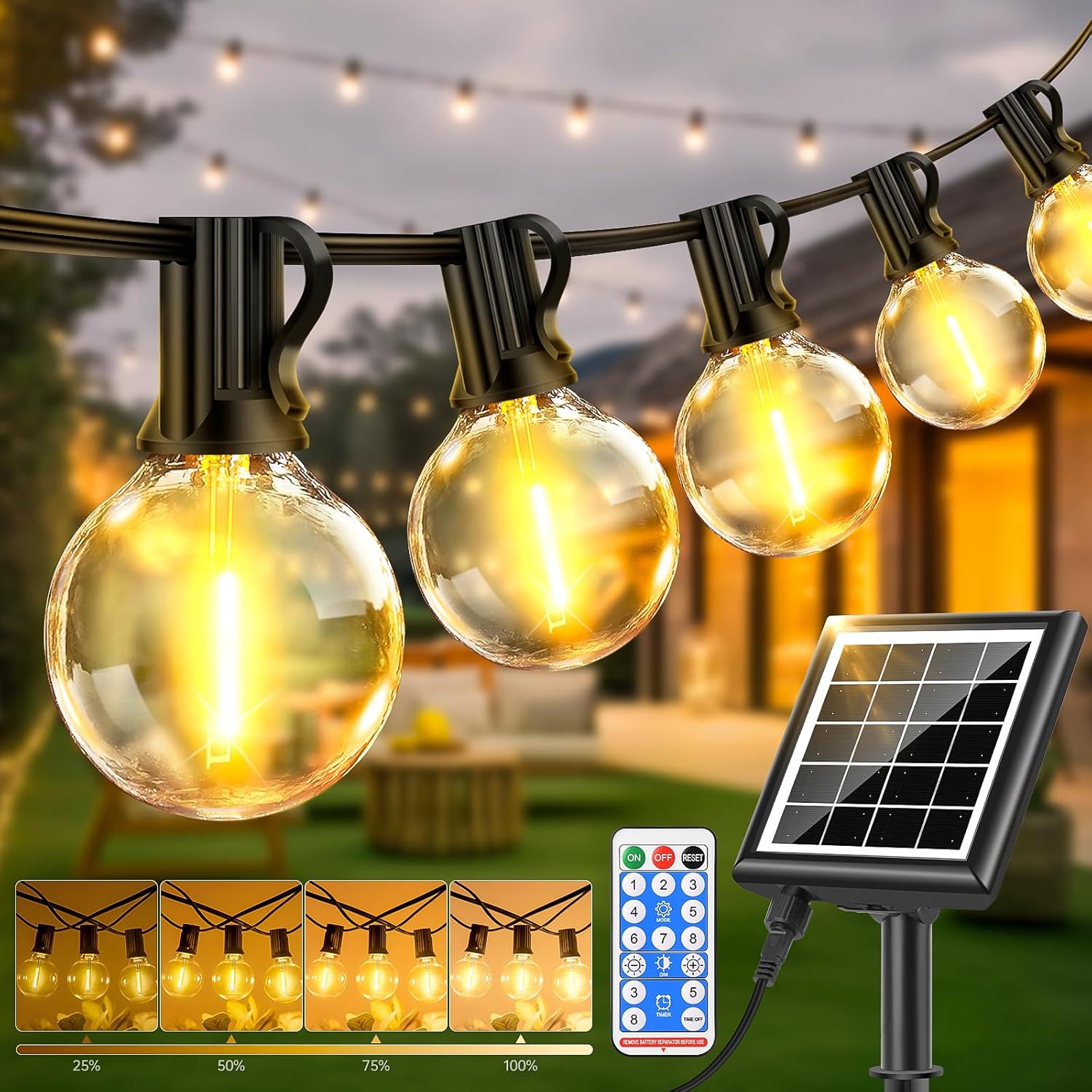 Zestaw Solarnych Lampek Girlandowych Zewnętrznych 10m - 20 LED G40 - 2700K Ciepła Biel - Pilot + Timer - Do Pergoli, Imprez Plenerowych