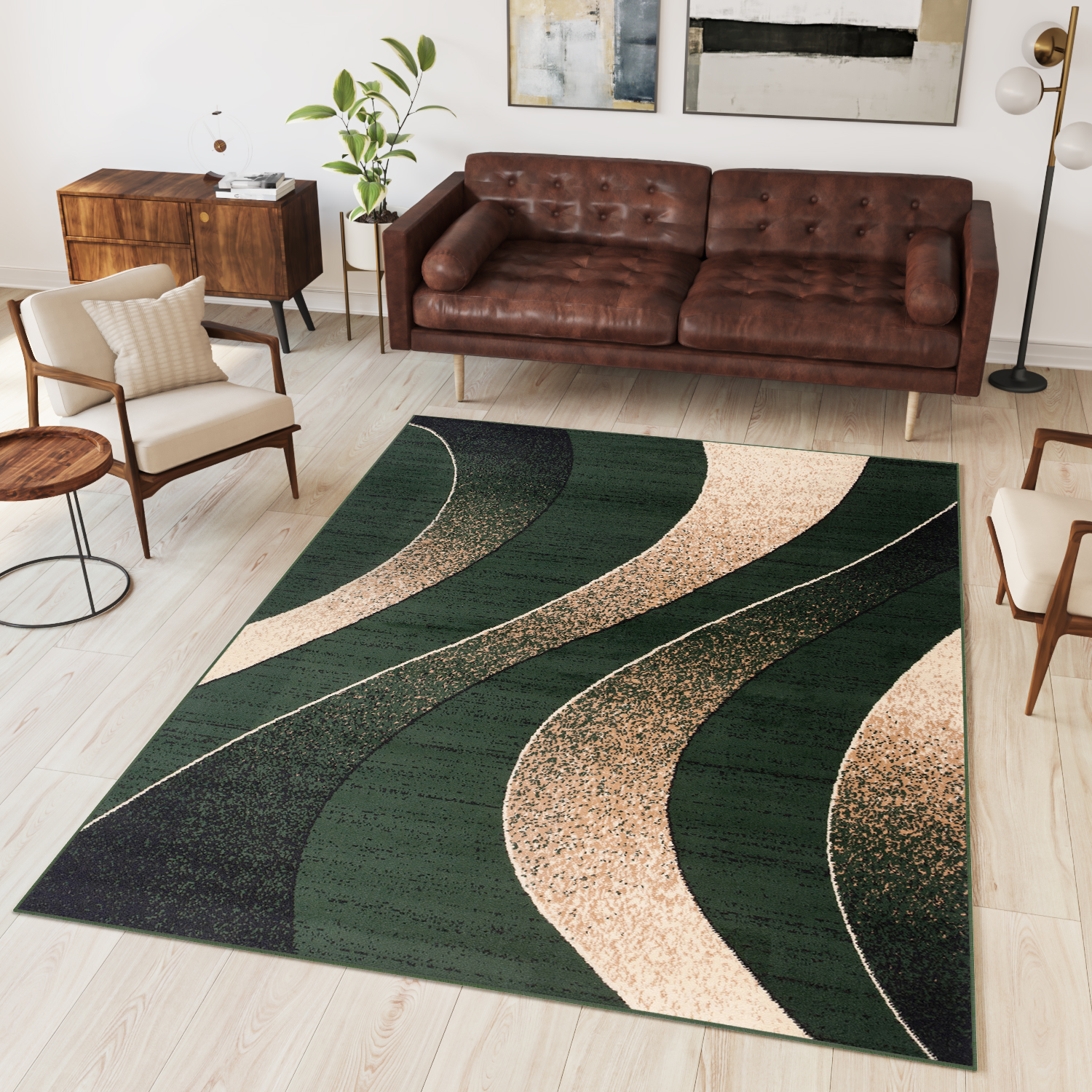 Tapiso dream alfombra salón dormitorio fina verde beige ondas pelo corto 250 x 350 cm