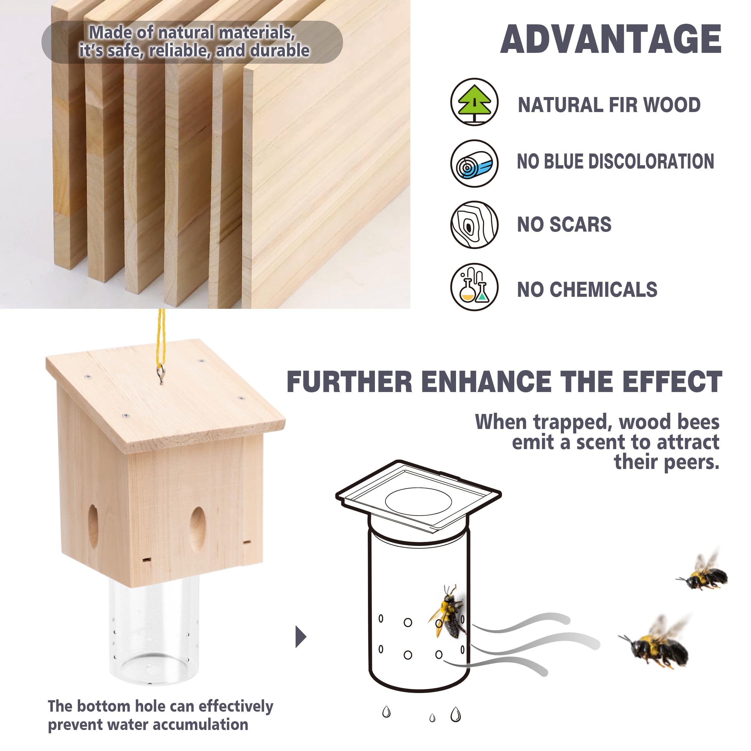 Armadilha Suspensa para Abelhas em Madeira Maciça Natural (Teto Inclinado) — Inclui Bandeja de Captura Removível (Conjunto de 2 Peças) - 4