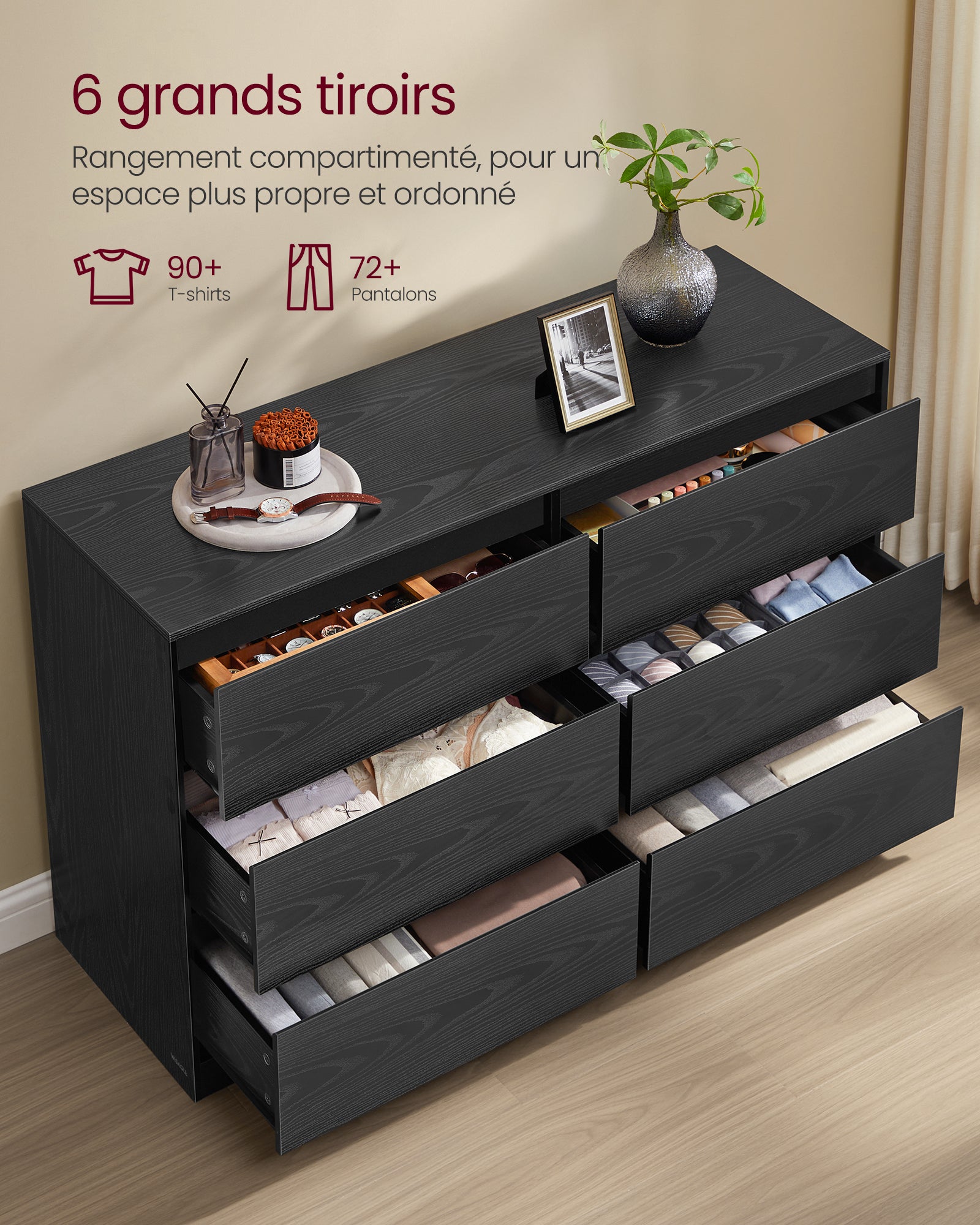 Commode Chambre 6 Tiroirs, Armoire de Rangement, Meuble à Vêtements, 40 x 119,4 x 75 cm, Style Moderne, Noir Boisé - 4