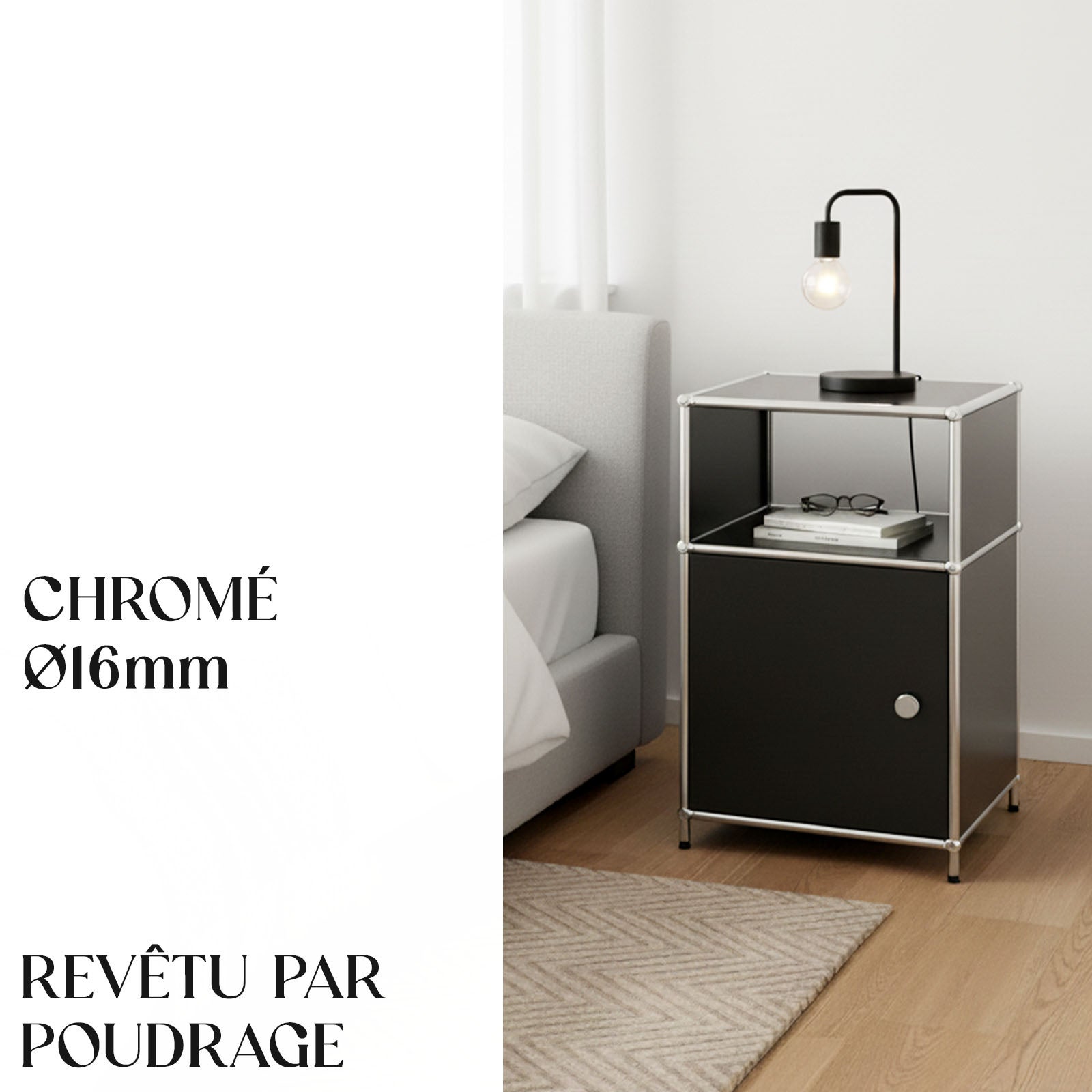 Étagère métal chromé design épuré, Concept Epuré MK-040 : 3 étages, 40 x 40 x 65 cm, Noir - 4