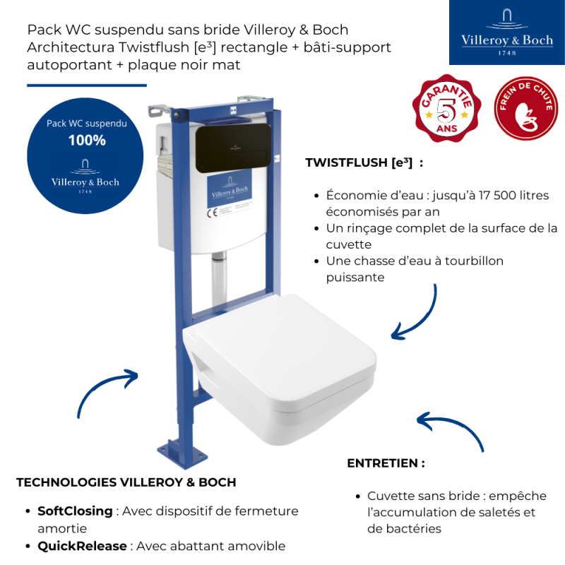 Pack WC suspendu sans bride Villeroy & Boch Architectura Twistflush [e³] rectangle + bâti-support sol et mur + plaque noir - 3
