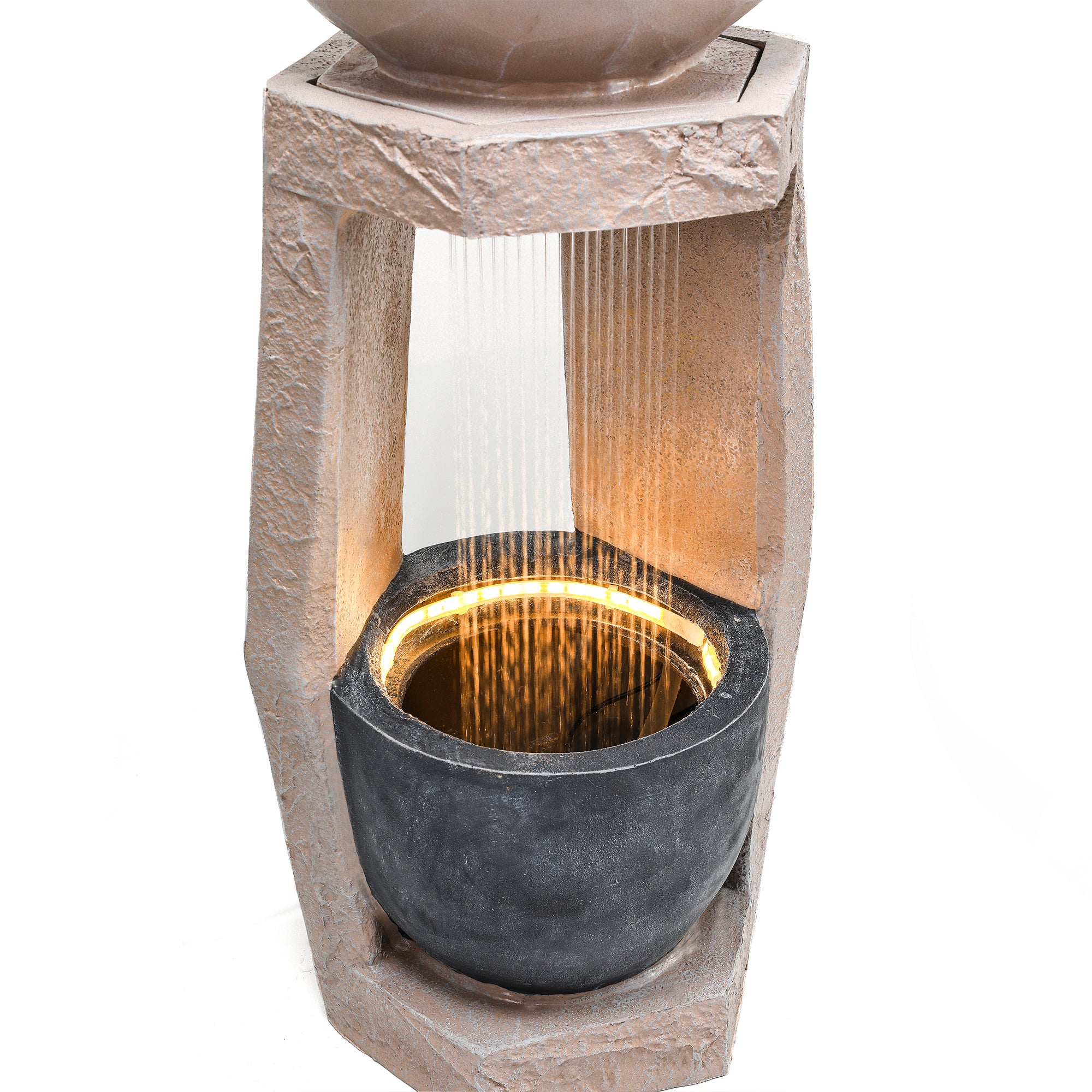 Fontaine de jardin avec LED et pompe intégrée - Résine effet pierre naturelle - 36,5 x 36 x 81,5 cm - Beige - 9