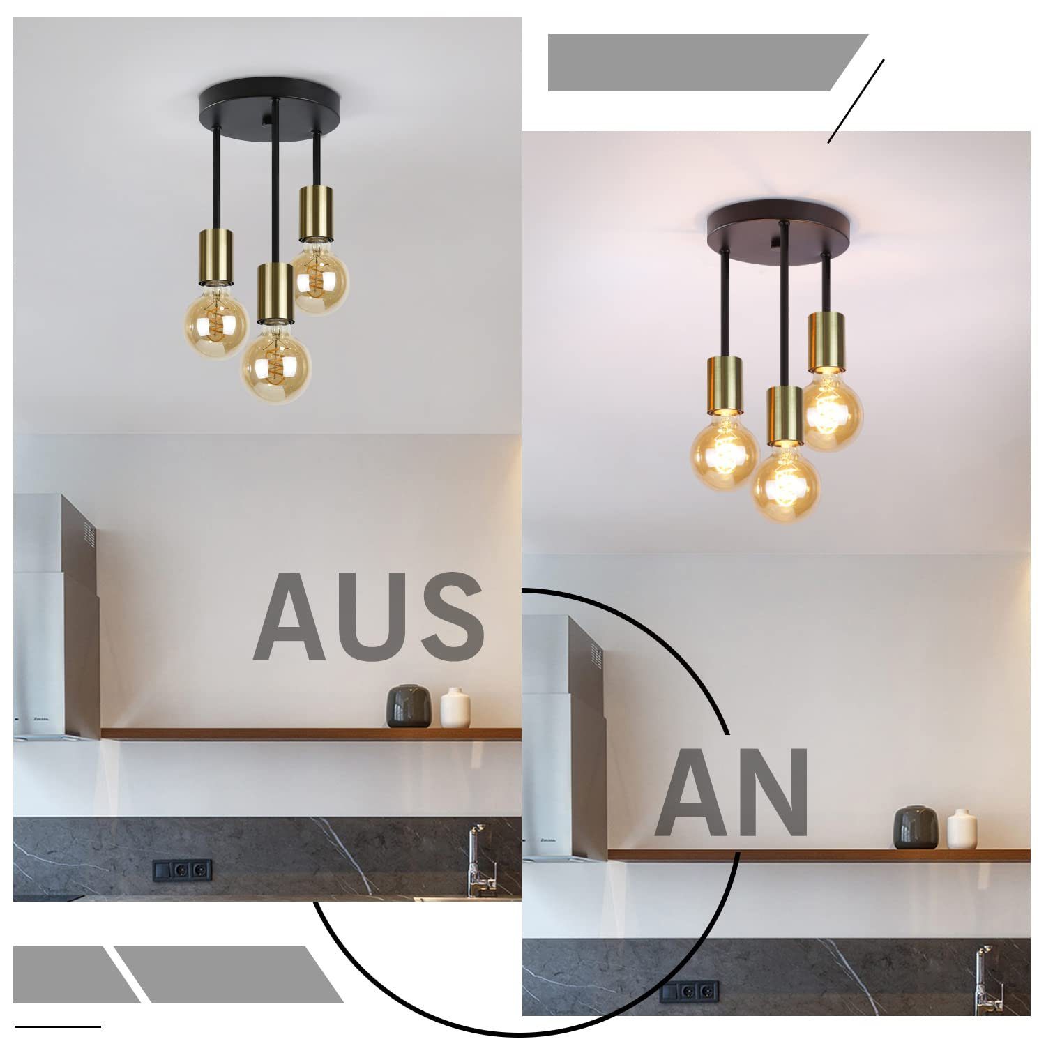NETTLIFE Candeeiro de teto LED com 3 focos E27 pendurado vintage preto ouro com lustre industrial moderno para cozinha corredor barra - 8