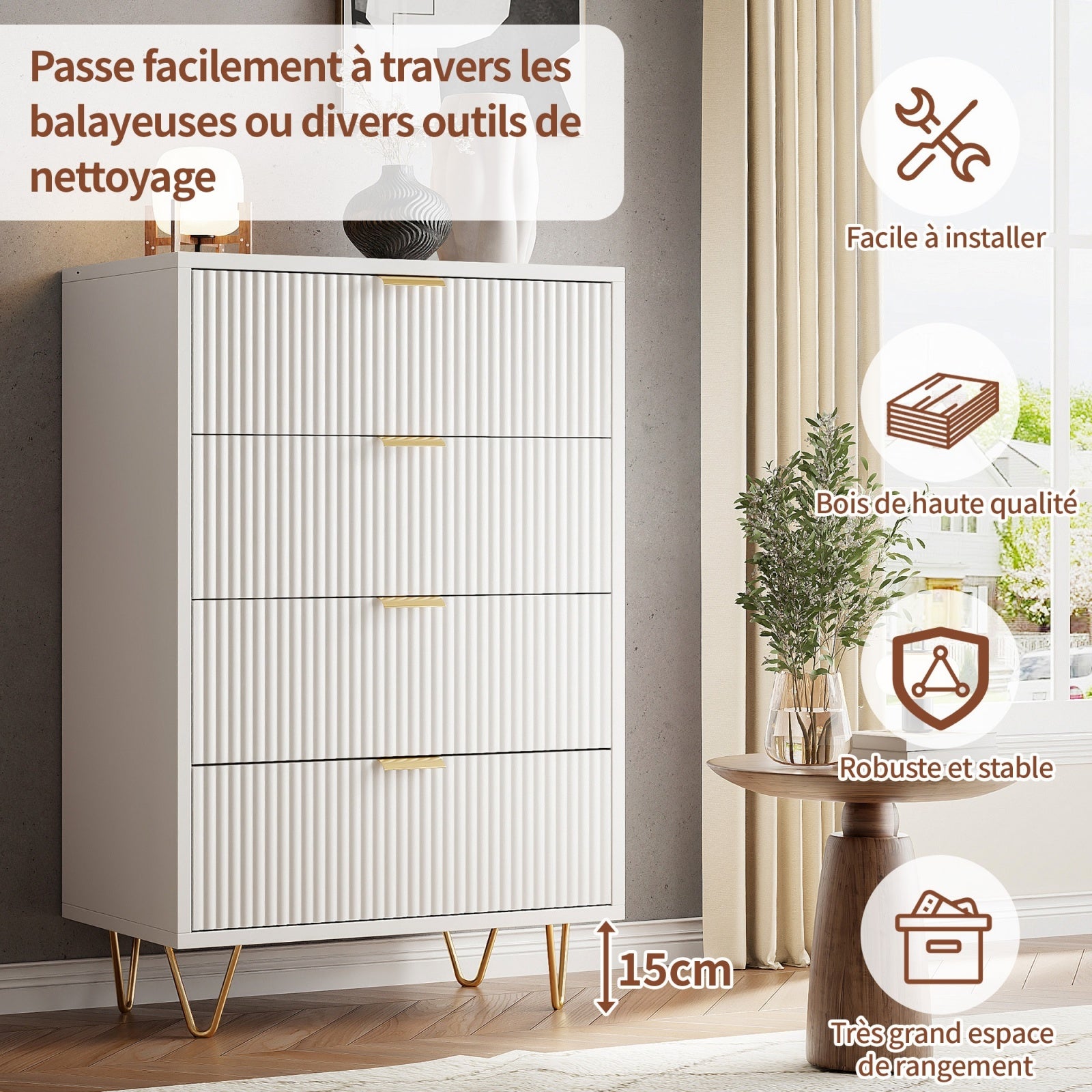 Commode 4 Tiroirs Style Contemporain, Poignées et Pieds en Métal Doré, 91 x 34 x 60 cm, Blanc, pour Chambre et Salon - 6