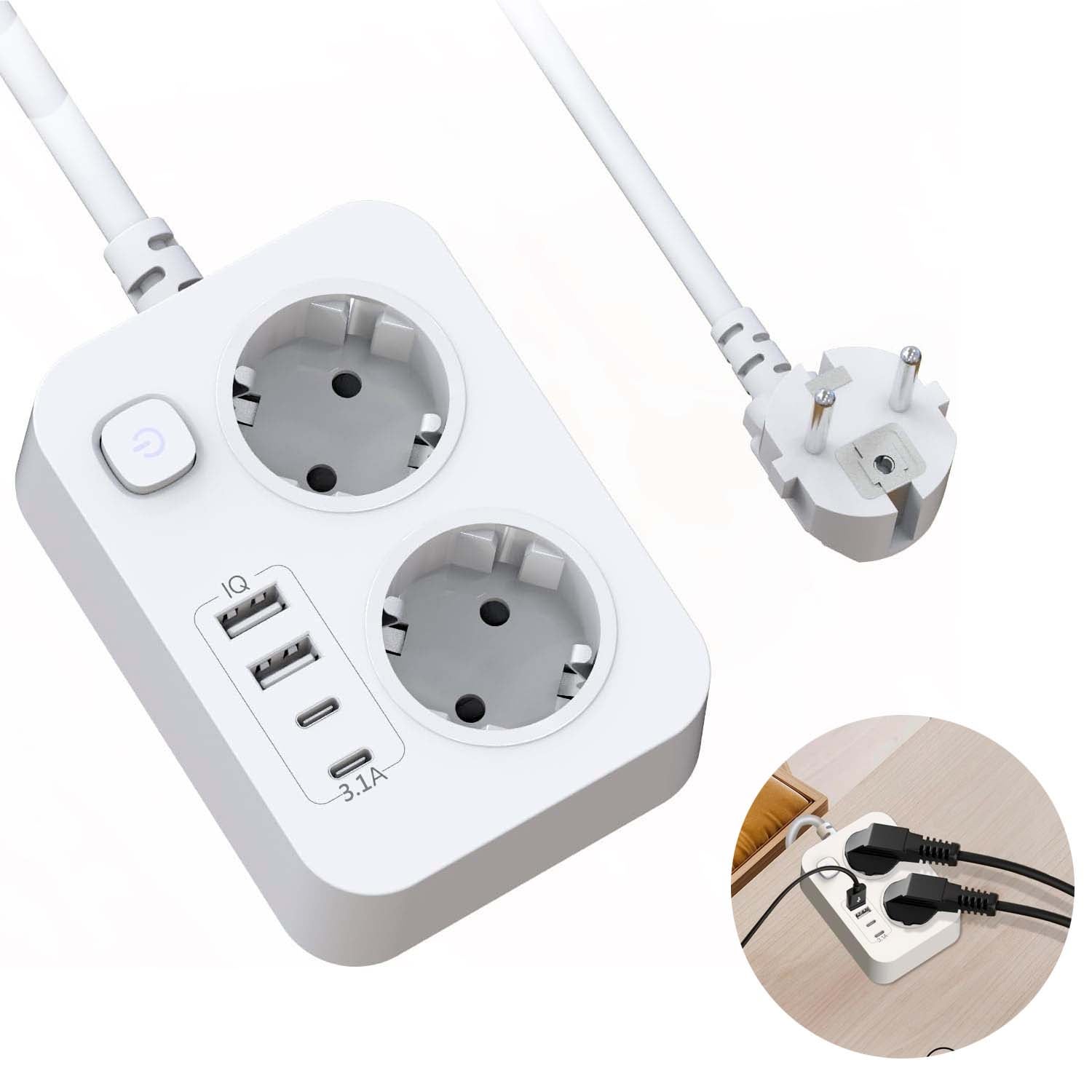 2 szt. listwy zasilające 6 w 1 z USB-C 20W, ochrona przeciwprzepięciowa, 2 gniazdka z wyłącznikiem, 4 porty USB, kabel 1,8 m, do domu, biura i podróży