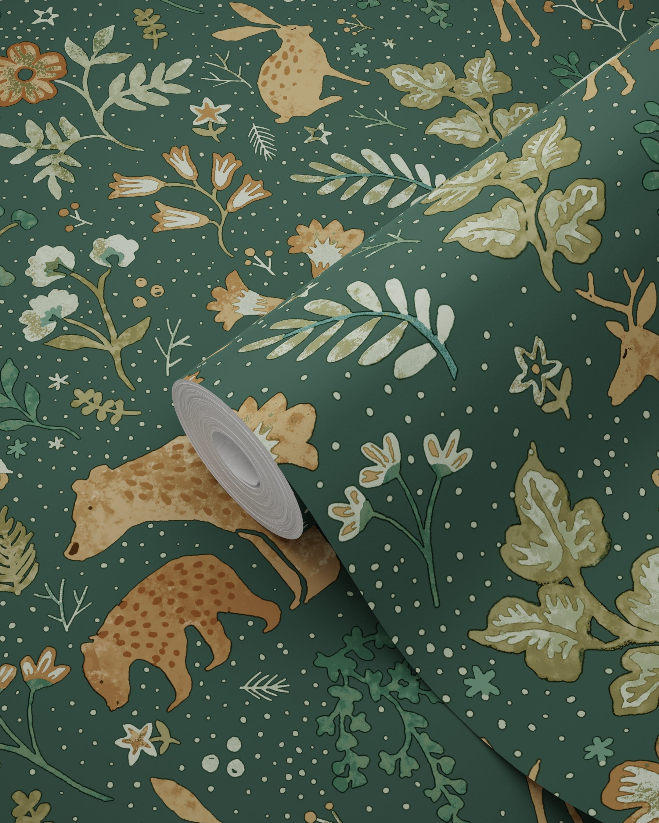 Papier peint forêt avec des animaux de la forêt vert foncé et beige - 53 cm x 10.05 m - ESTAhome - 8