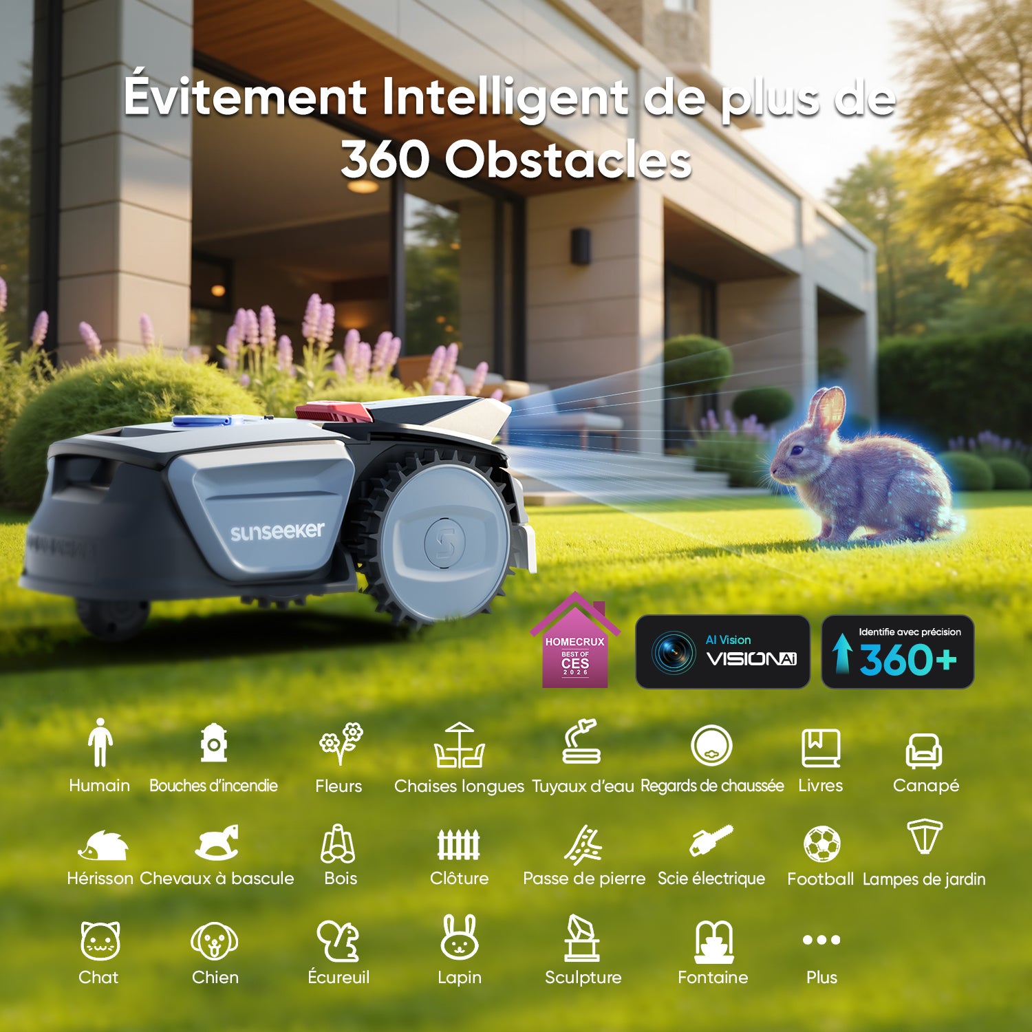 Robot Corta-Relva Sem Fios, 300 M², Com Garagem Gratuita, Vision AI, Evitamento De Obstáculos, Inclinação 27%, Controlo Por App, Sunseeker V1 - 3