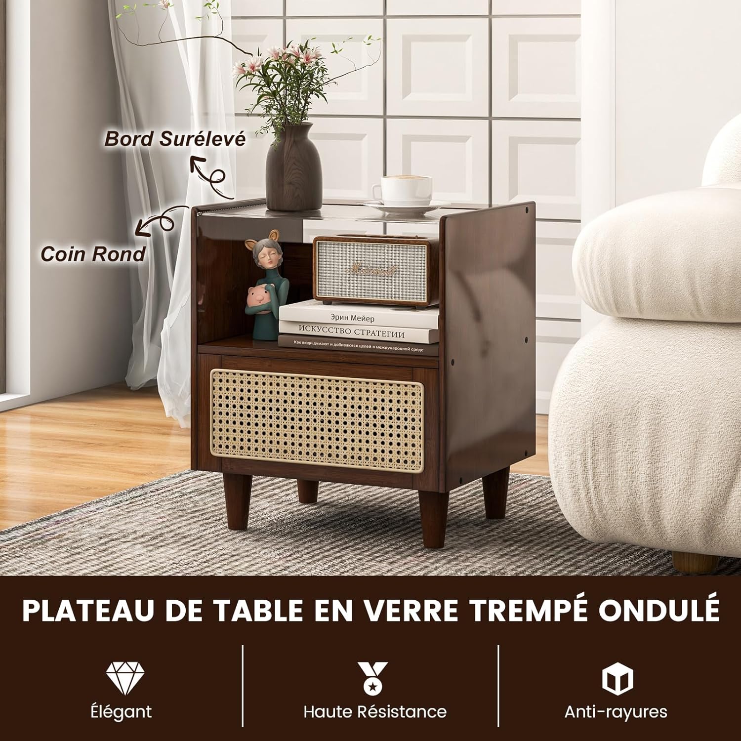 Comodino in Bambù e Rattan 43 x 35 x 50 cm, Tavolino Moderno con Piano in Vetro, Cassetto, Mobile Salvaspazio per Ufficio e Soggiorno (2, Marr - 3