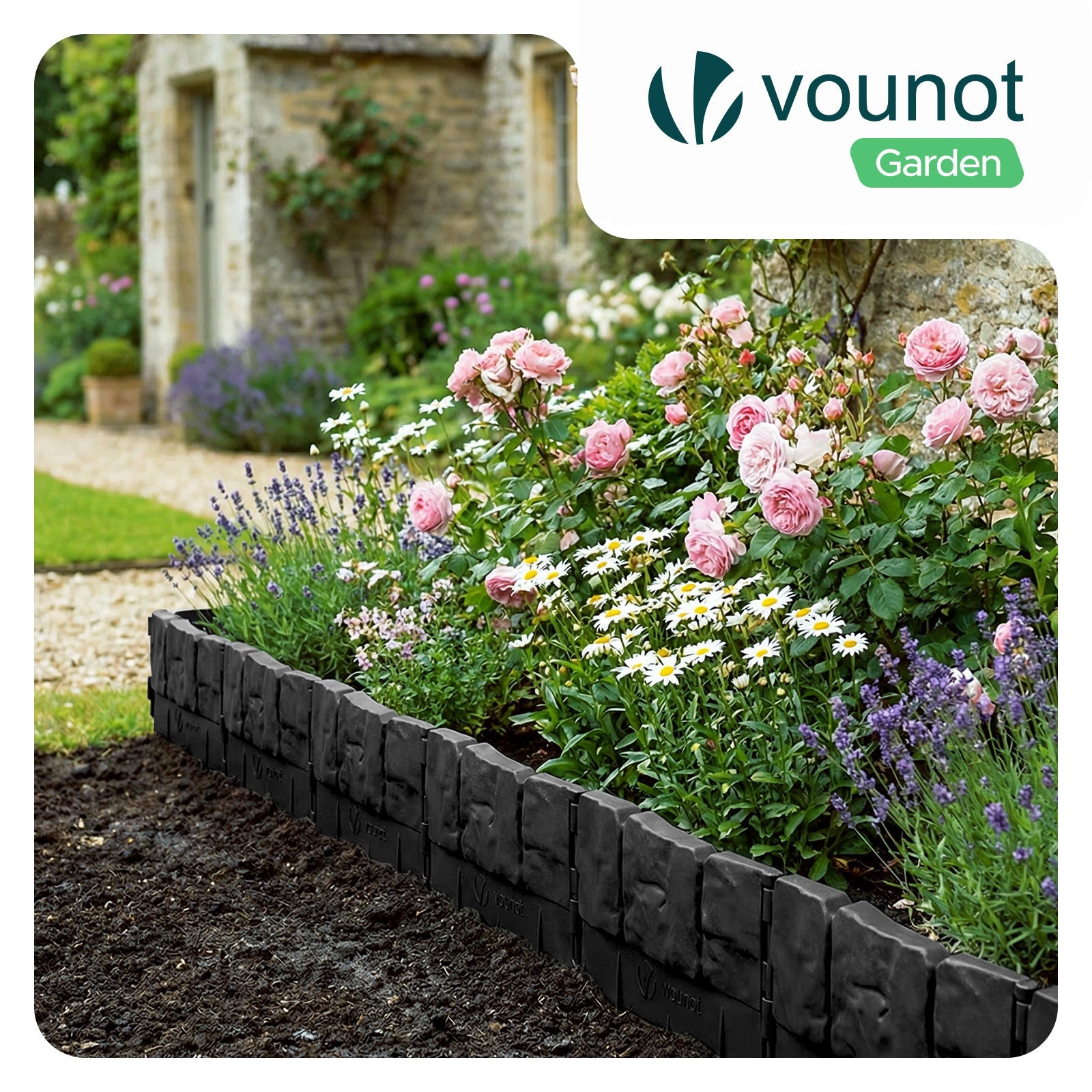 Bordure de jardin imitation pierre 26.7m noir - hauteur 14cm - clôture gazon décorative ultra résistant - lot de 175 - VOUNOT® - 2
