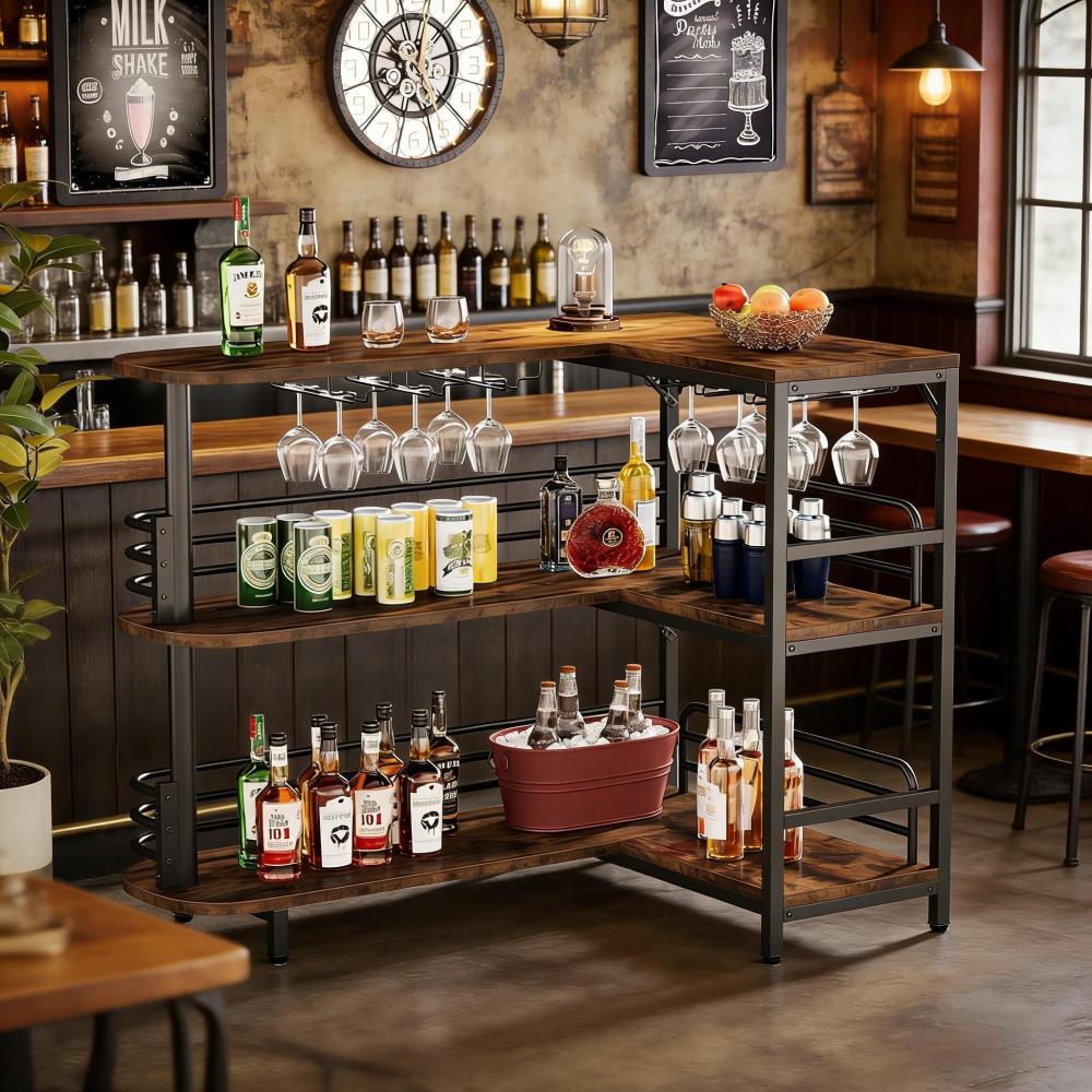Mesa de vino familiar, barra de bebidas 3 niveles, unidad de bar en l, acero negro y madera rústica, mueble bar para cocina salón