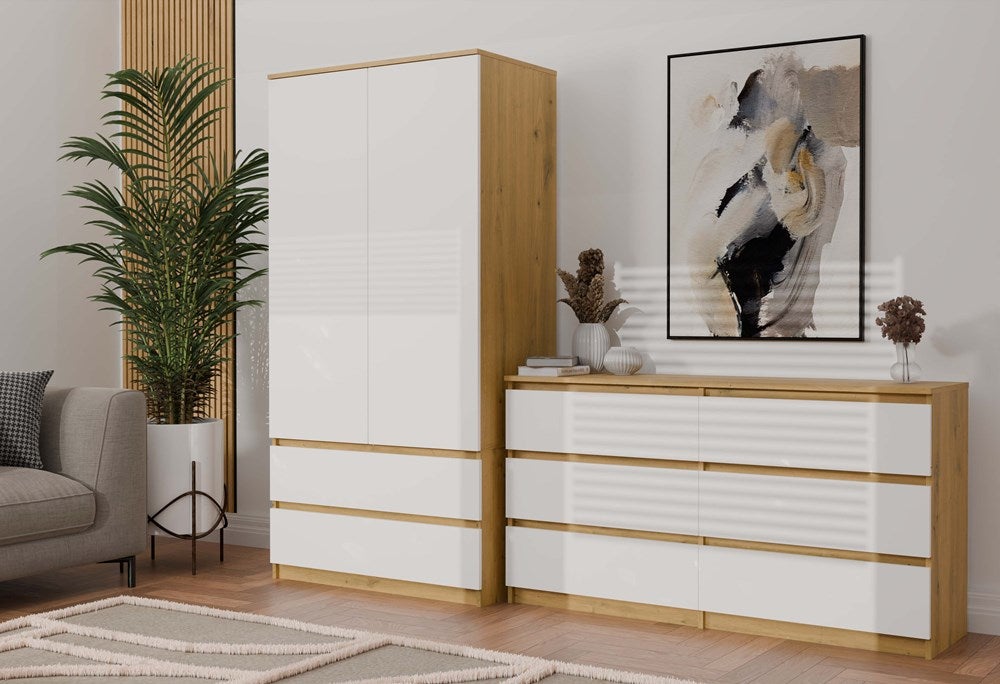 TURIN - Armoire de chambre - Penderie multifonctions - 2 portes + 2 tiroirs - Dressing - artisan et blanc - 3