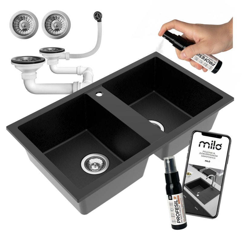 Zlewozmywak dwukomorowy Prado czarny w zestawie z syfonem przyściennym