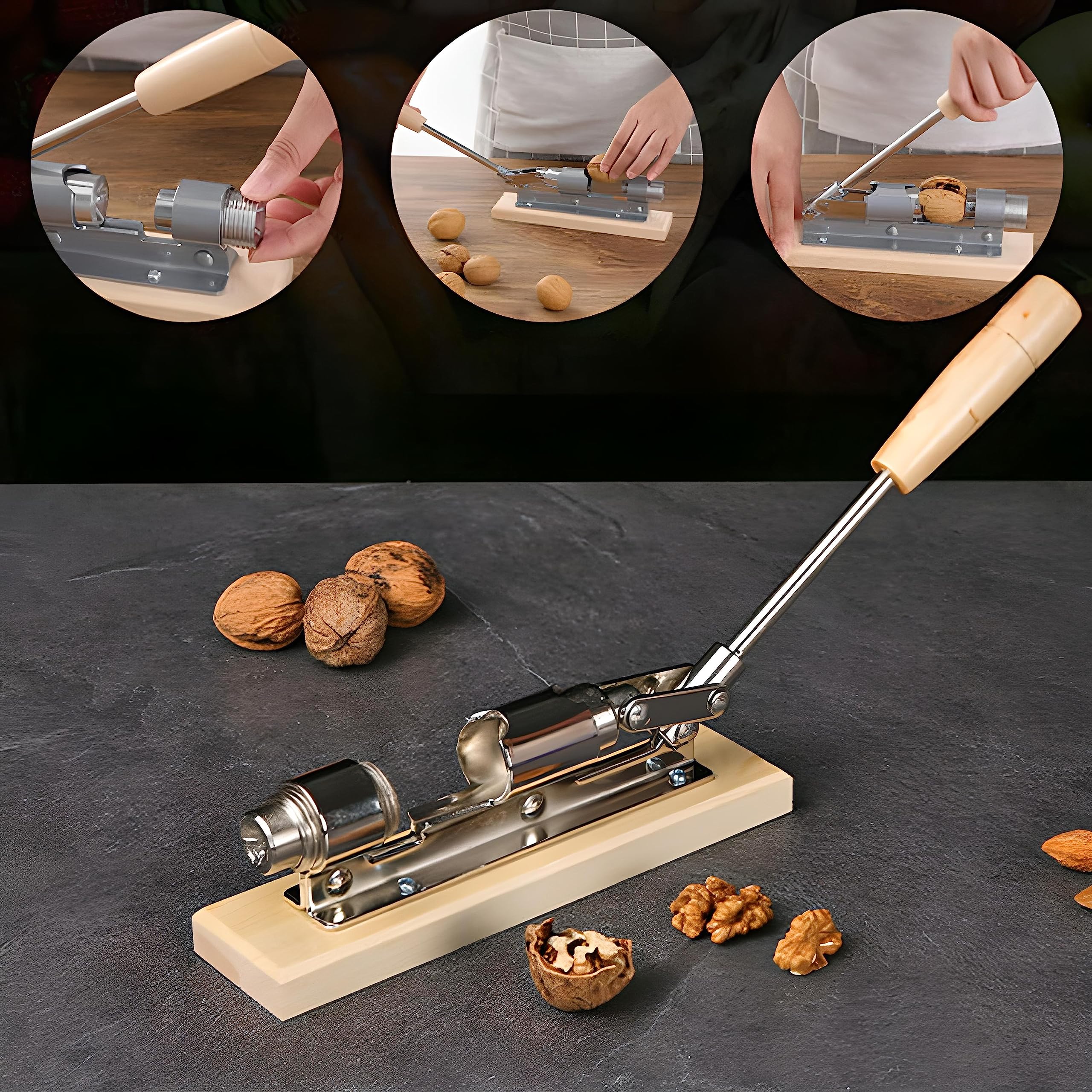 Casse-Noix en Acier Ajustable, Support Bois, Multifonctionnel pour Noisettes, Noix et Homards - 2