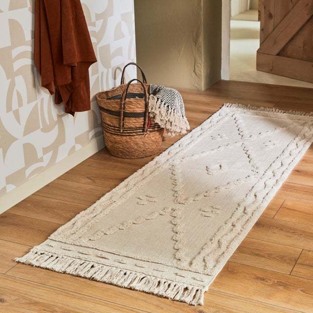 INSPIRE - Tapis motifs ethniques en coton tressé KABALA - 70 x 200 cm - Blanc