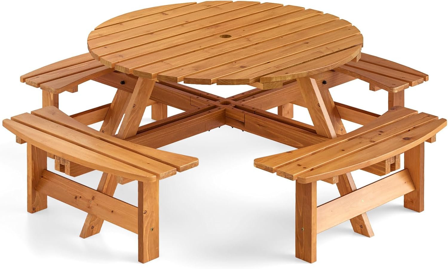 Table Pique-Nique Extérieur 8 Personnes, Table à Manger Jardin Ronde pour Patio avec 4 Bancs Intégrés, Trou Paraso 5 cm, Charge 100+250KG*4 (Jaune) - 5