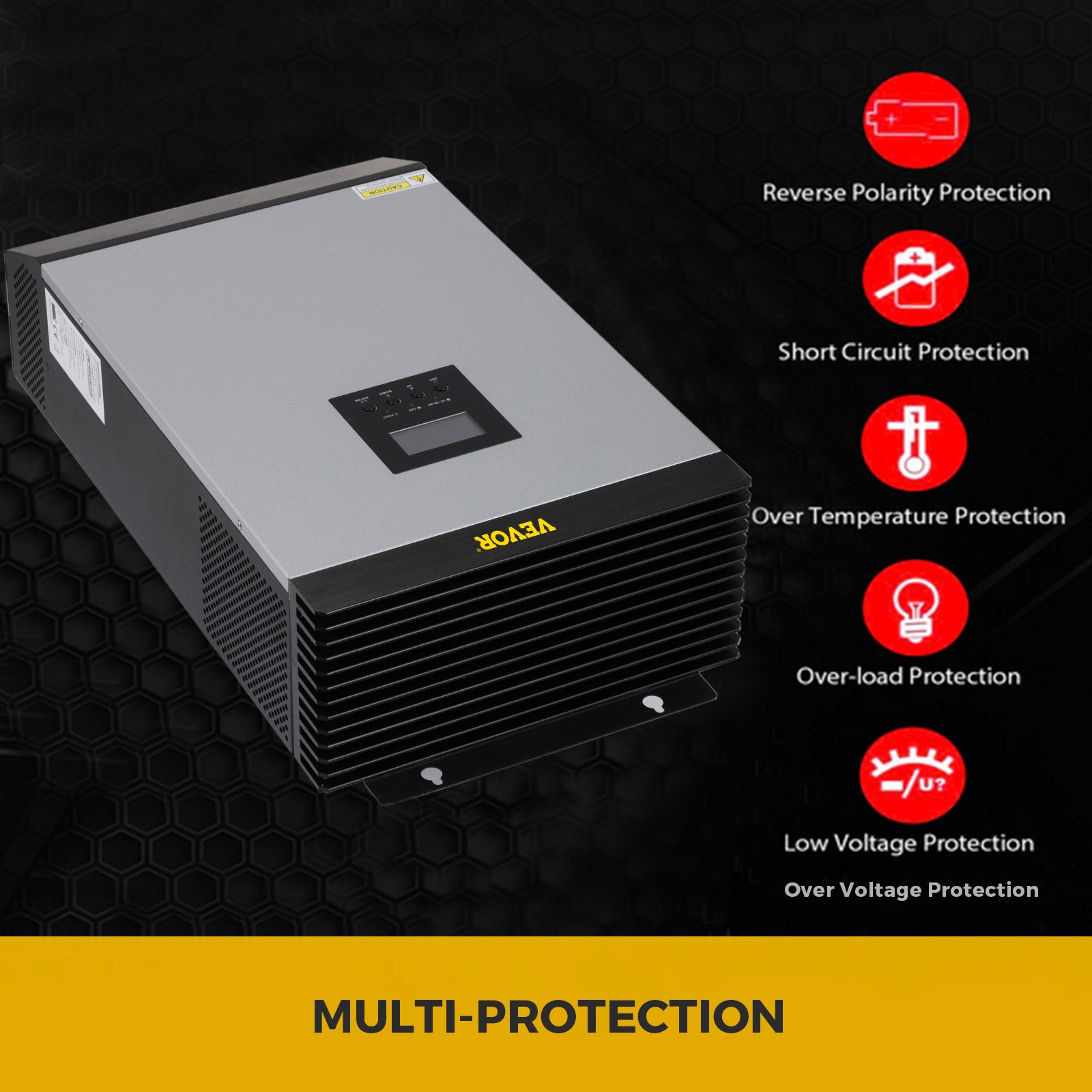 Onduleur Solaire Hybride VEVOR 5000VA DC 48V AC 230V Convertisseur Pur Sinus LCD avec Chargeur Secteur Contrôleur Solaire MPPT pour Appareil à Moteur - 6