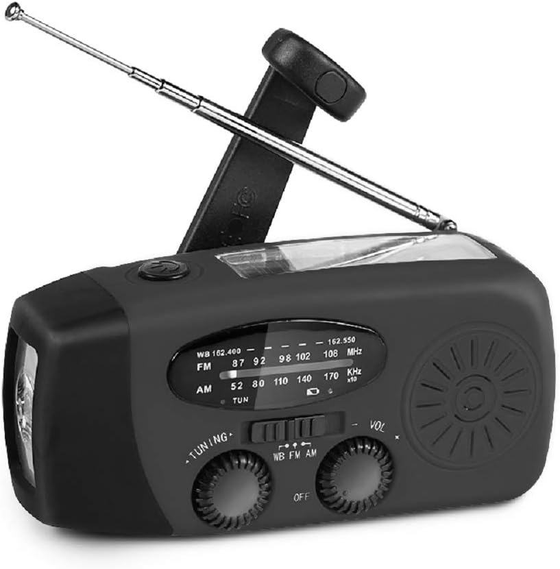 Przenośne awaryjne radio pogodowe zasilane energią słoneczną, ręczne radio survivalowe AM/FM z latarką LED, powerbank 2000 mAh, czarne
