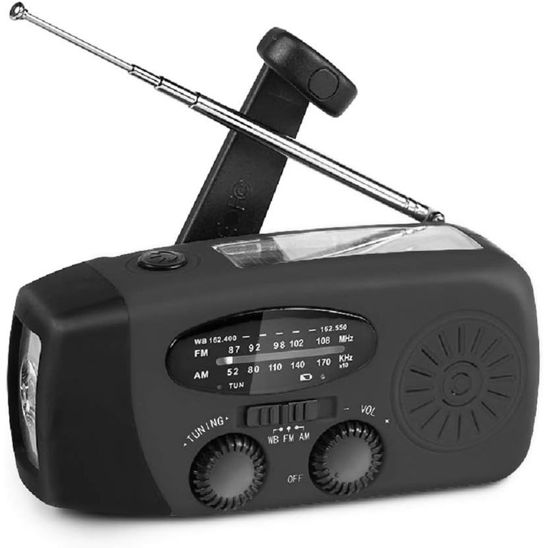 Przenośne awaryjne radio pogodowe zasilane energią słoneczną, ręczne radio survivalowe AM/FM z latarką LED, powerbank 2000 mAh, czarne