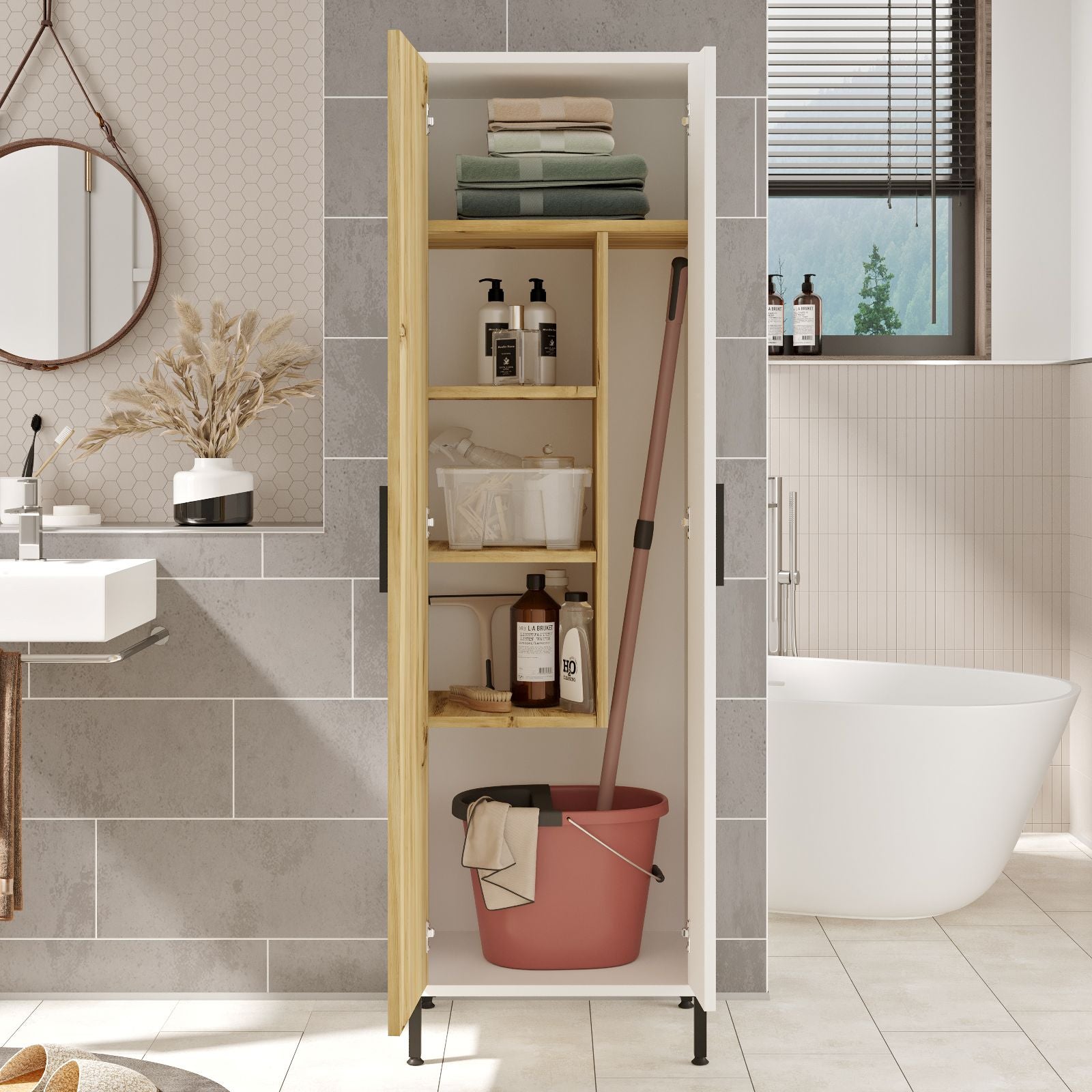 Colonna Bagno Multiuso Con Vano Portascope 50x36x165H Rovere E Bianco Daisy - 2