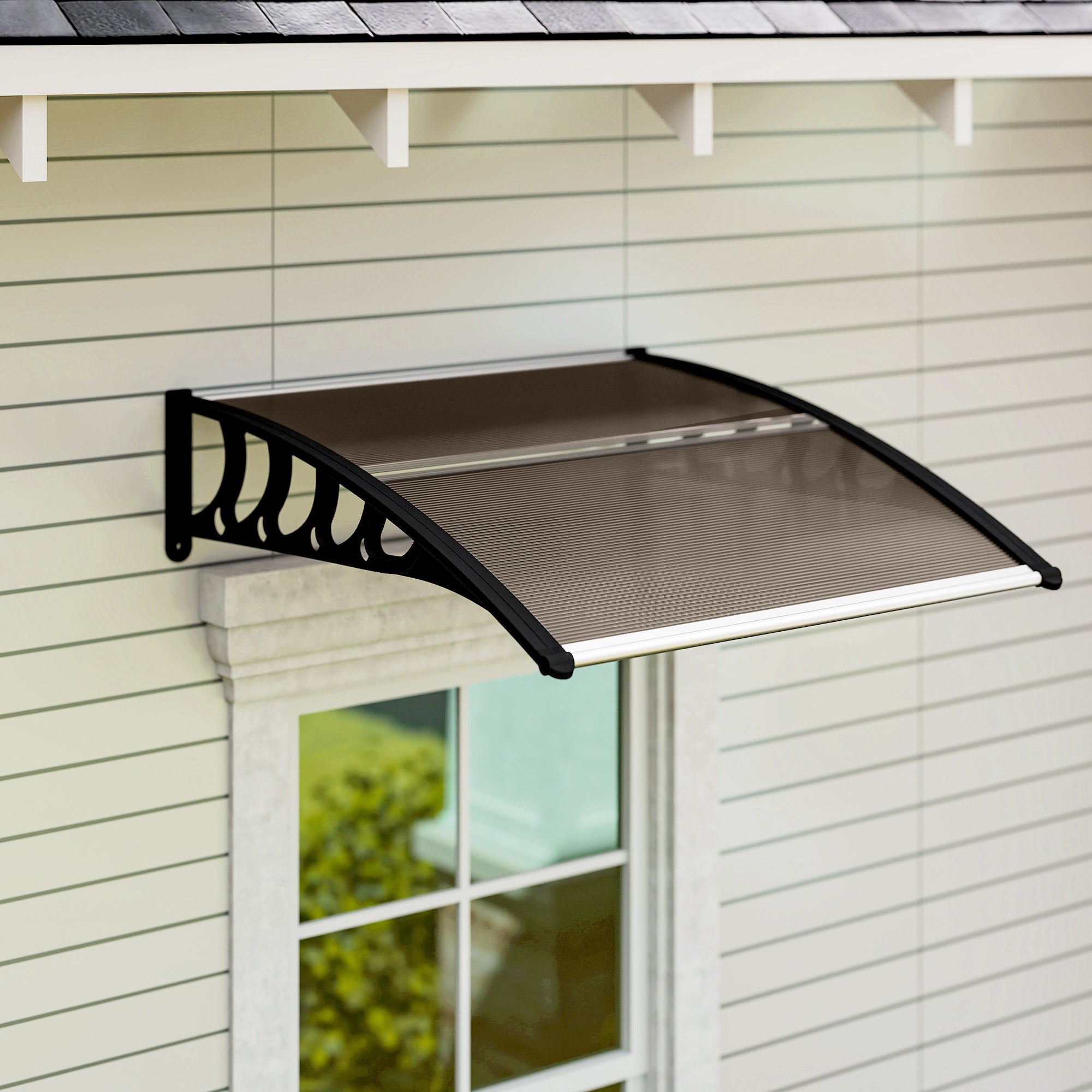 Tettuccio Per Porta Outsunny In Policarbonato - 75x100 Cm - Protezione Da Pioggia E Sole - Colore Marrone Con Bracci Neri