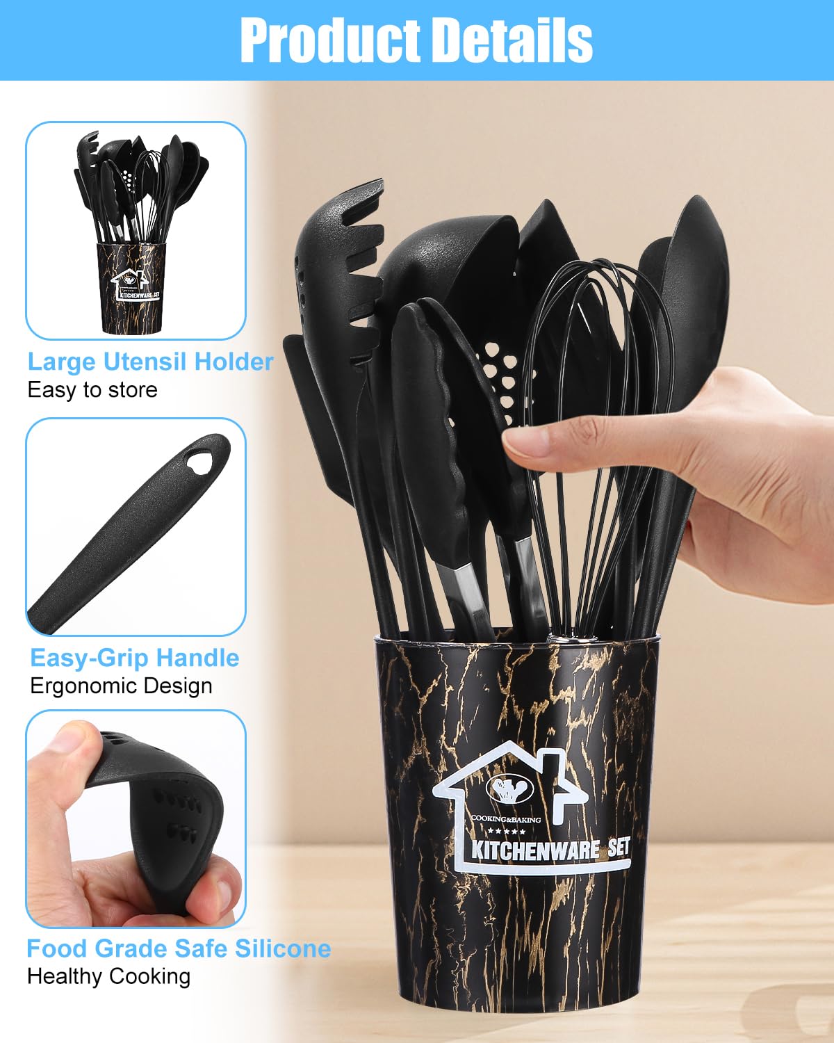 Set Utensili Cucina Silicone 15 Pezzi – Senza BPA, Resistenti Al Calore, Lavastoviglie, Con Portaoggetti Incluso, Colore Nero