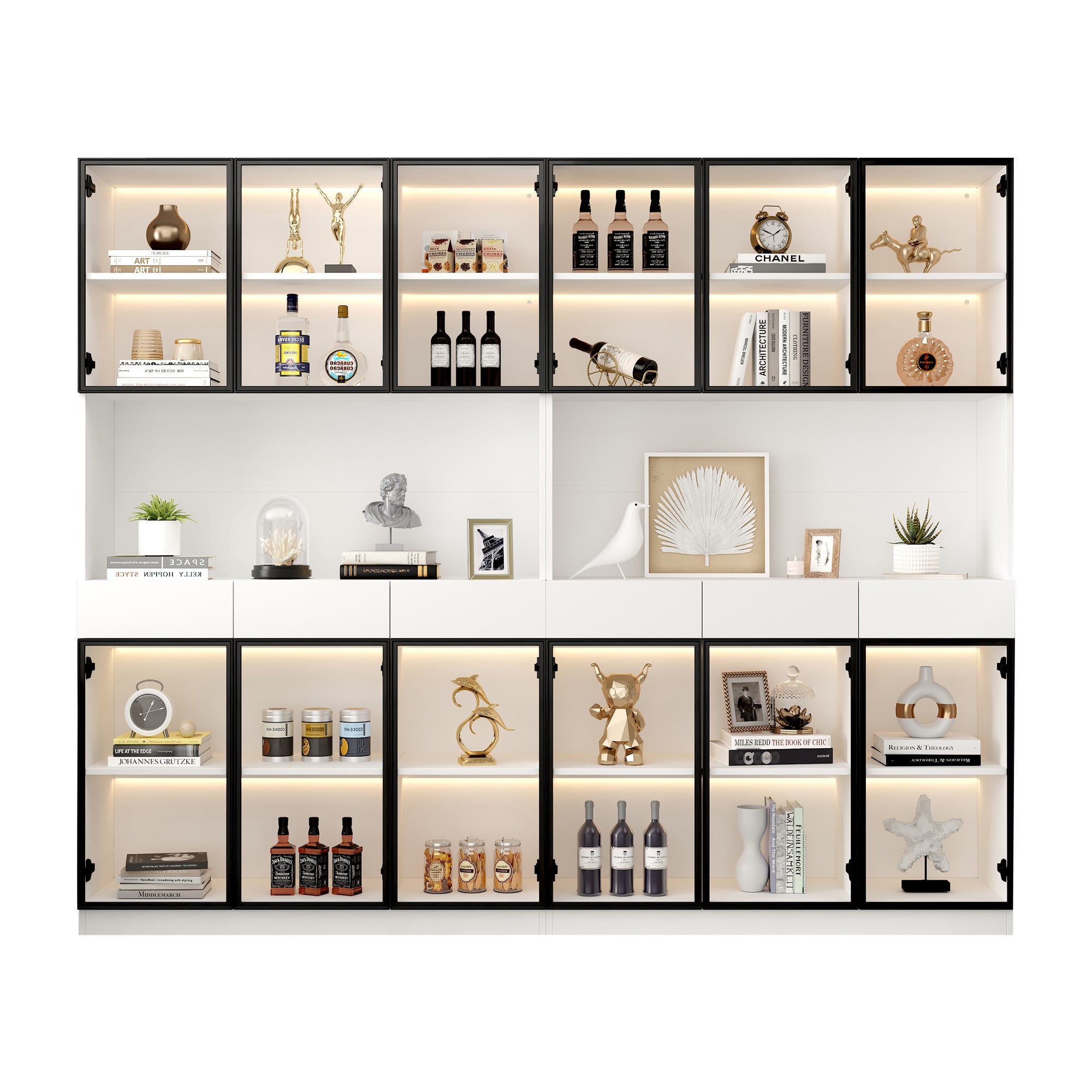 Vitrine avec 12 portes en verre et 6 tiroirs - 240 x 36 x 200 cm - LEDs - Panneaux de particules - Blanc - 3