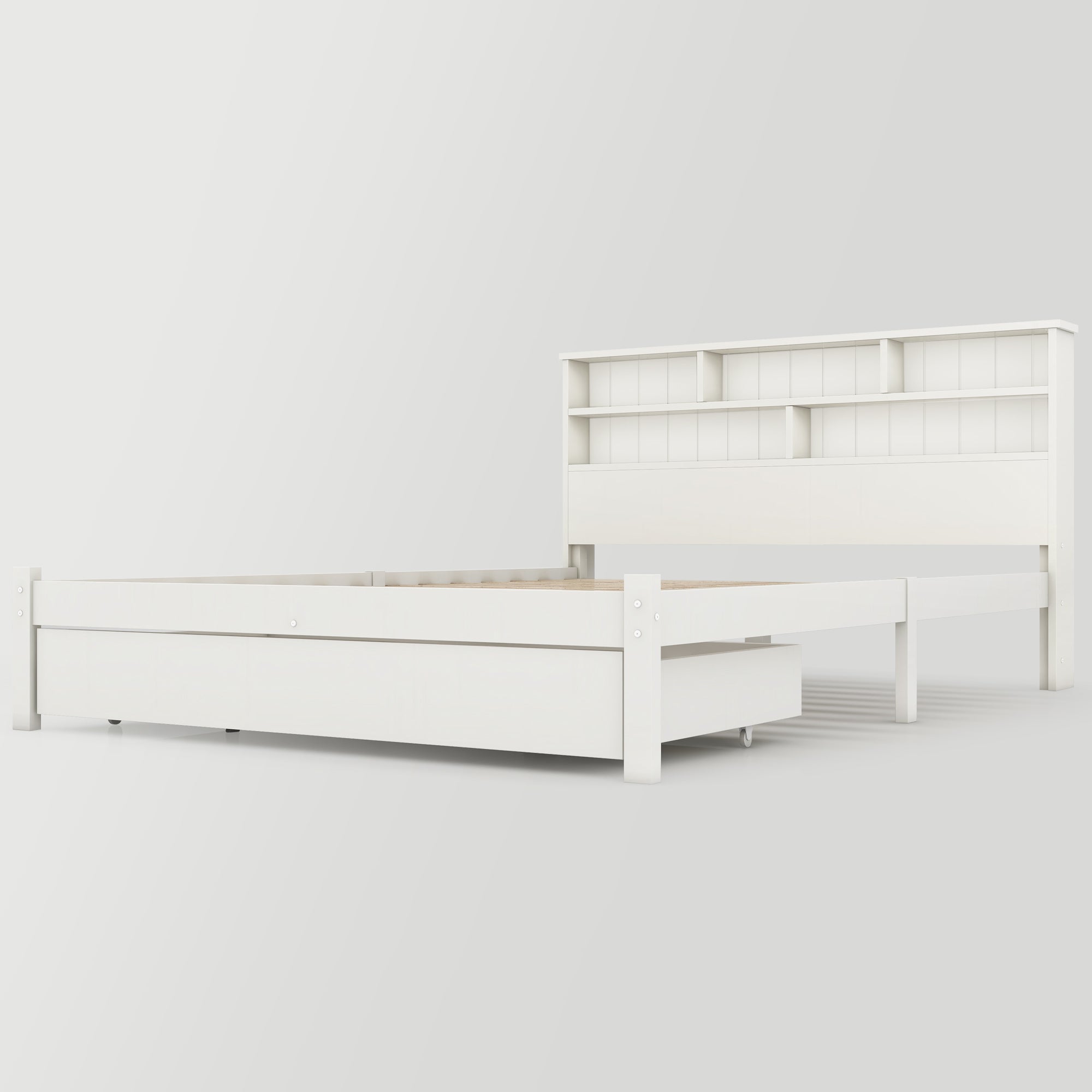Lit Adulte Double 140x200 cm - Tiroir - Compartiments de Rangement - Sommier à Lattes - Blanc (Sans Matelas) - 5