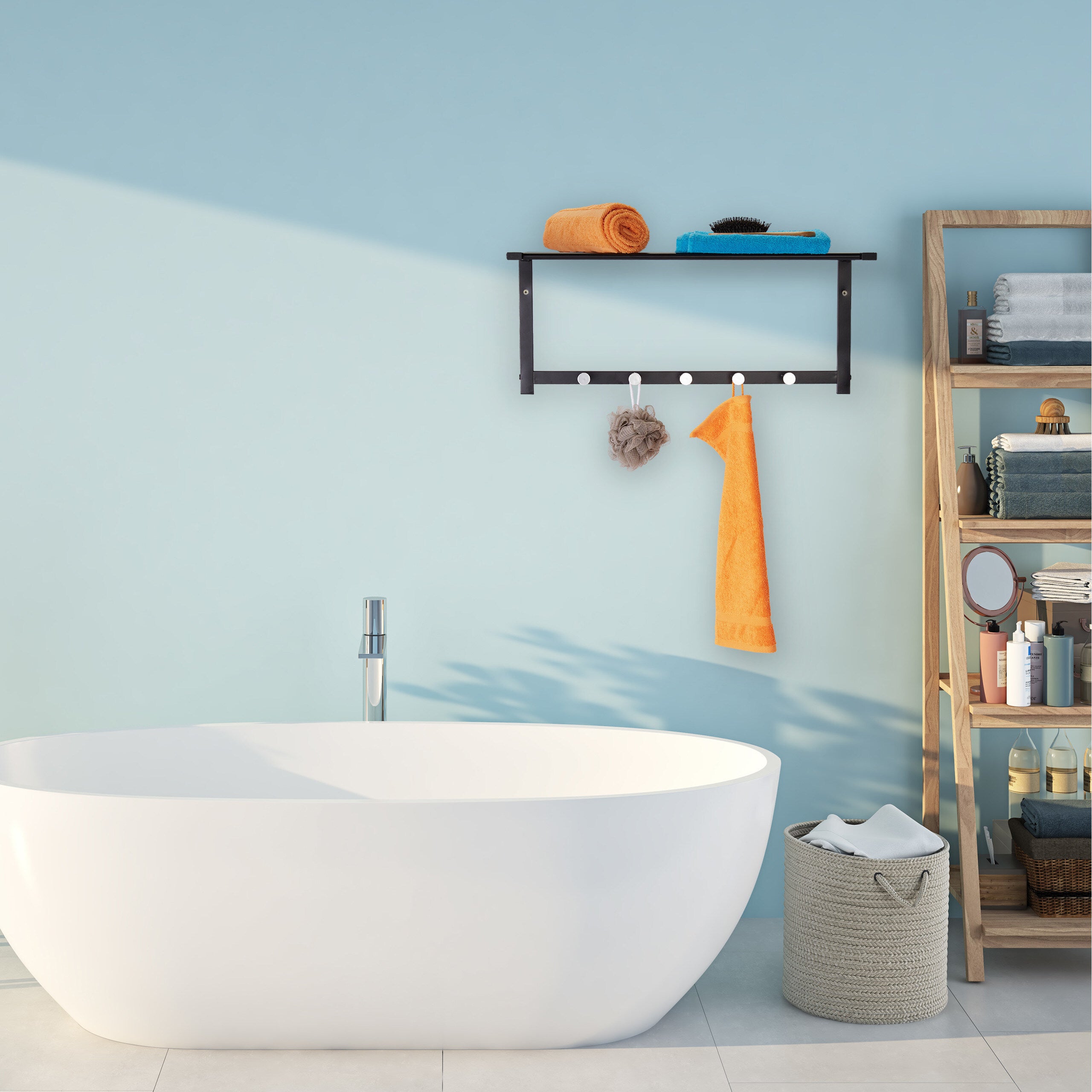 Porte-manteaux mural avec rangement, penderie à 5 patères, couloir & salle de bain, métal, 28x65x25 cm, noir, Relaxdays - 3